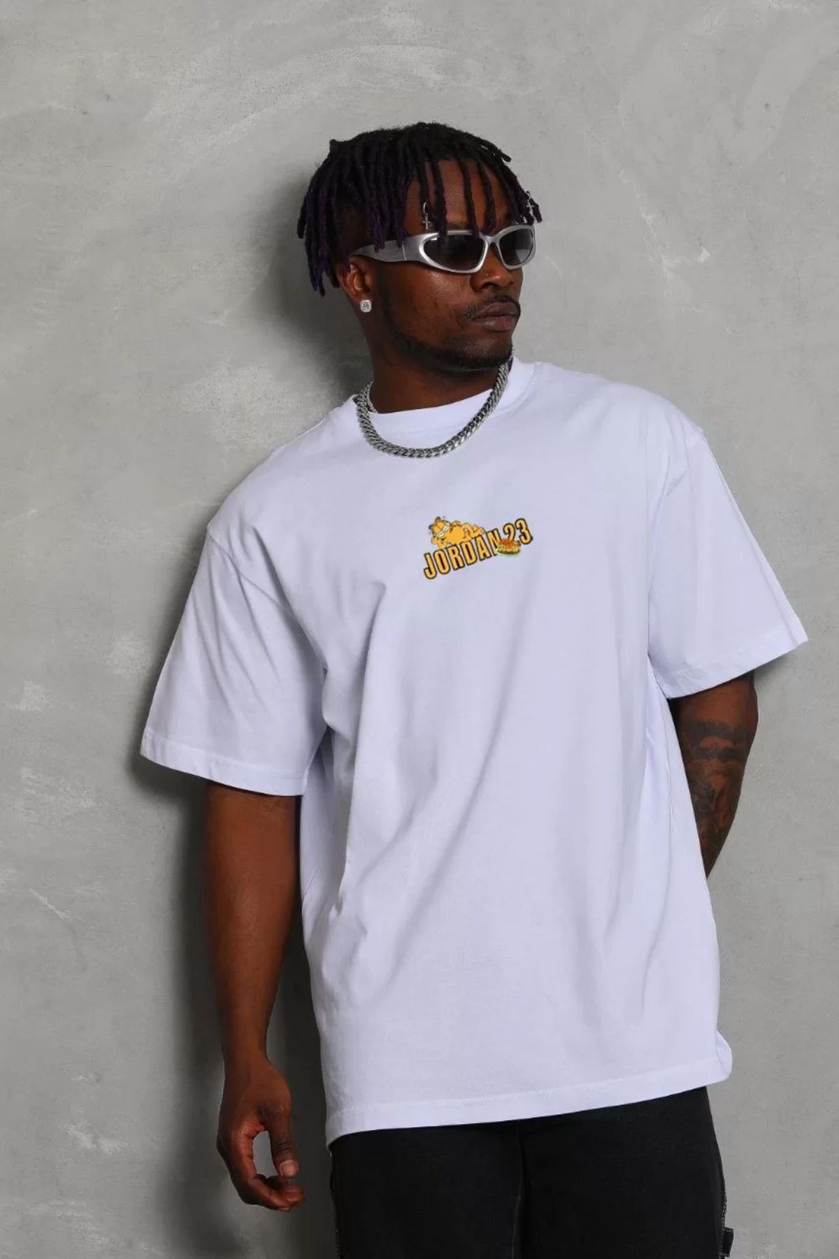 FantaziAtölyesi Unisex Bisiklet Yaka Baskılı Oversize T-Shirt - Beyaz
