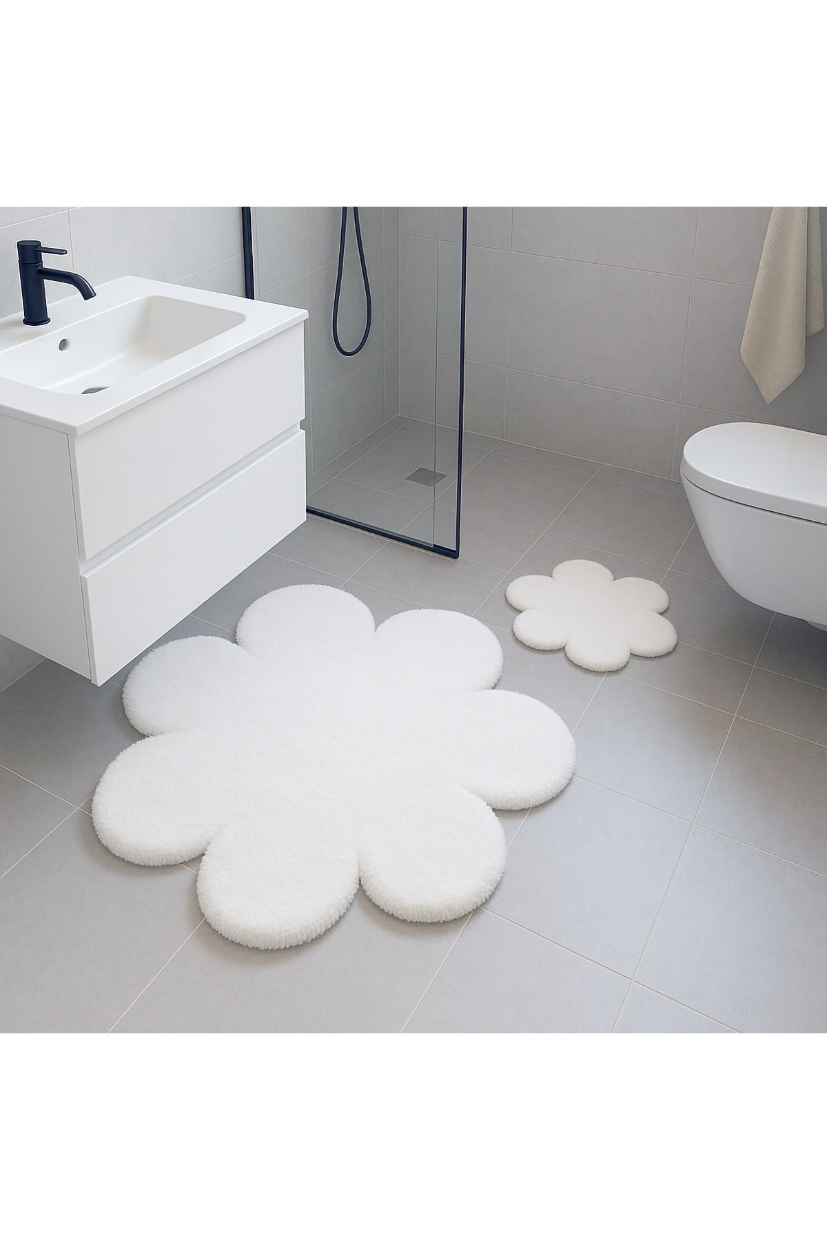Paco Home Çiçek Desenli Beyaz Yumuşak Salon Halısı Modern Minimalist Dekoratif Halı 2'li Set (80x80-60x60)