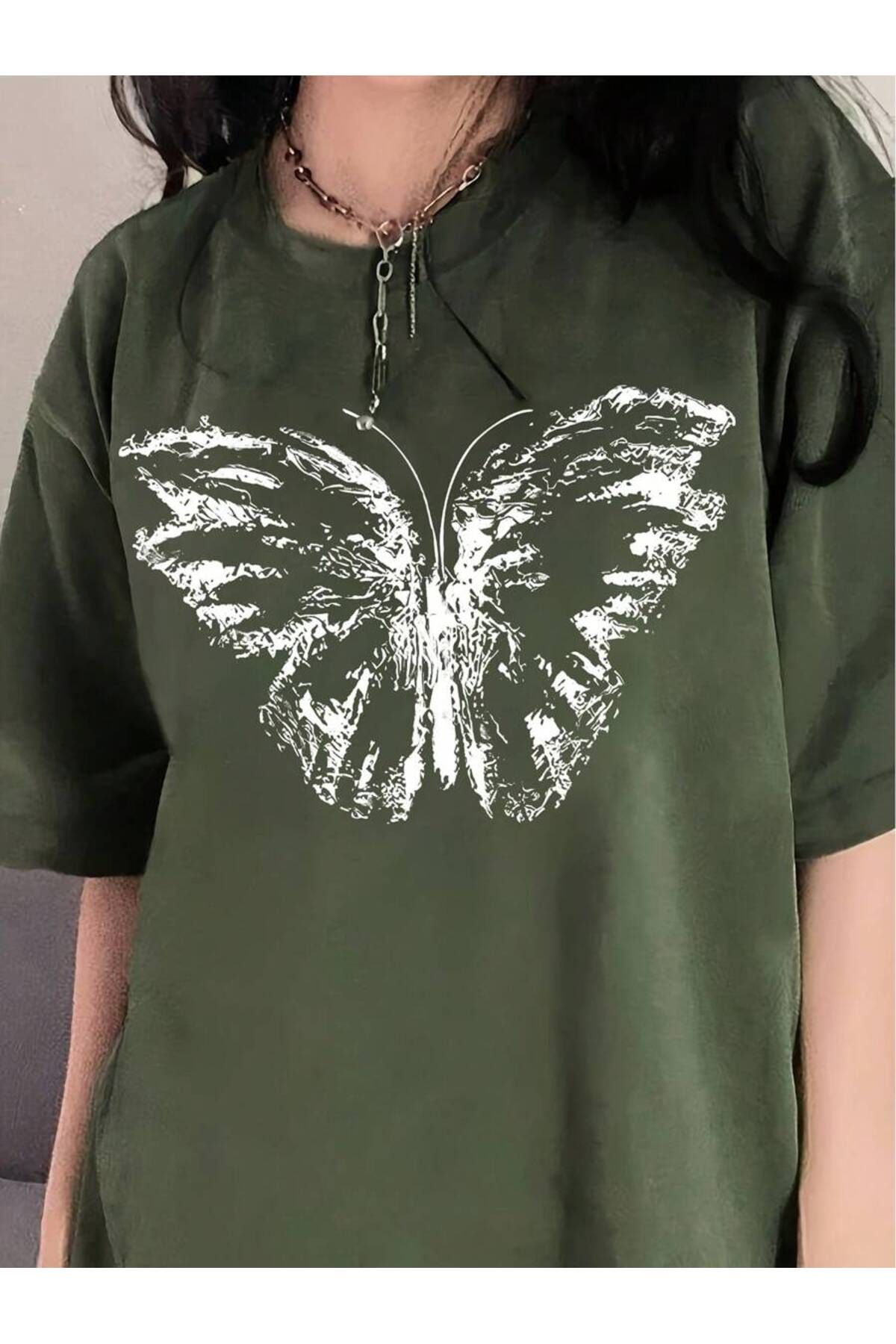 MOONBULL Kadın Beyaz Kelebek Baskılı Oversize T-shirt