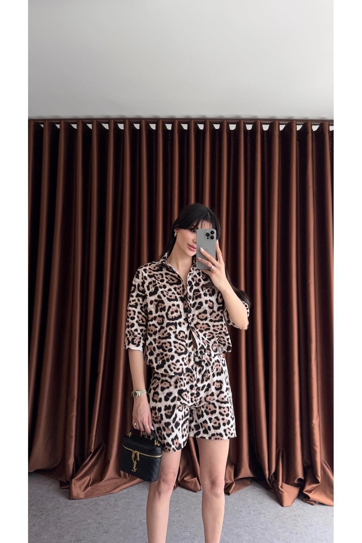 HAZELANNA Poplin Leopar Şort-Gömlek Takım
