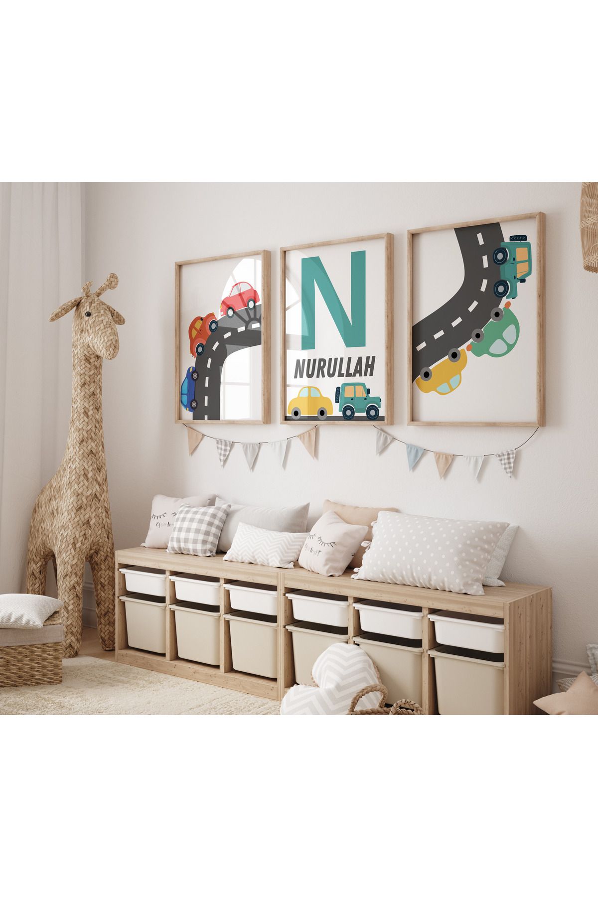 Rabadon Çerçevesiz Sevimli Araba Temalı Erkek Çocuk Odası 3lü Poster Seti İsme Özel Düzenlenebilir