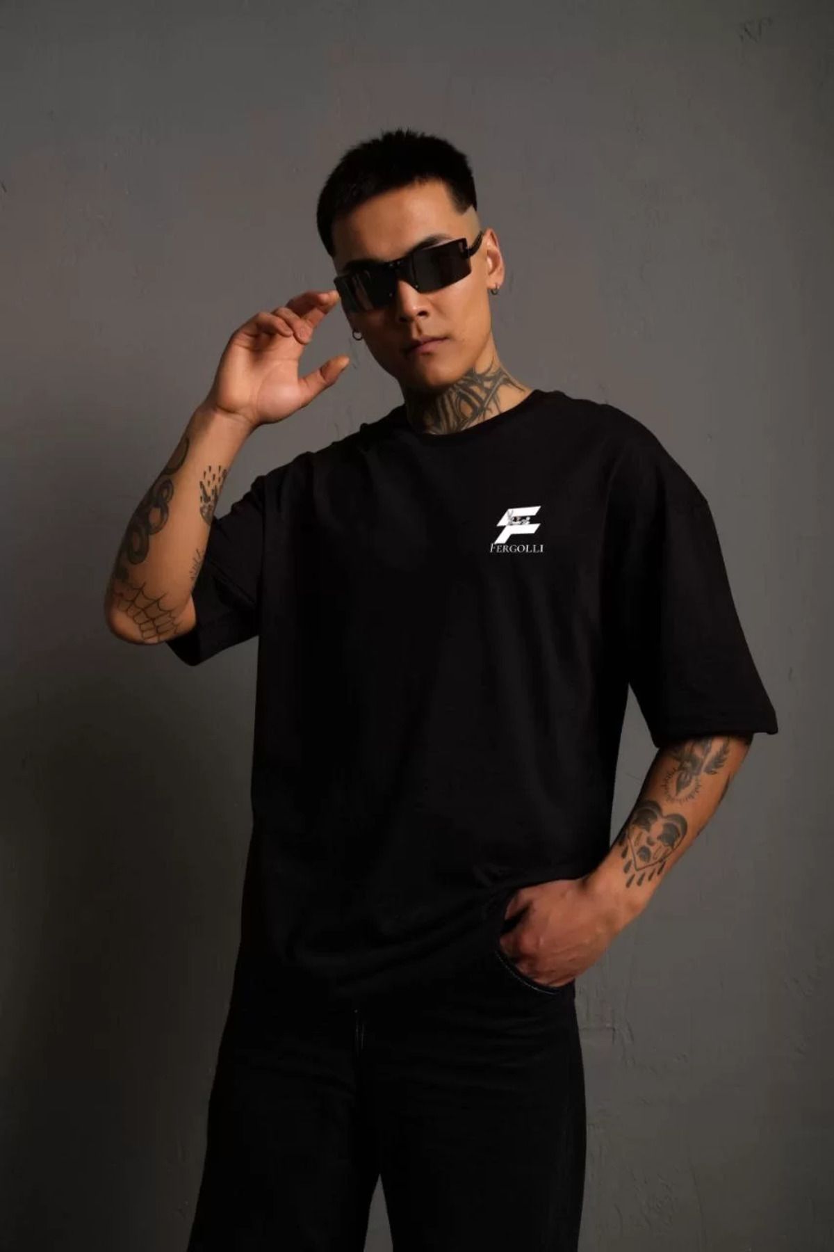 FantaziAtölyesi Unisex Bisiklet Yaka Baskılı Oversize T-Shirt - Siyah