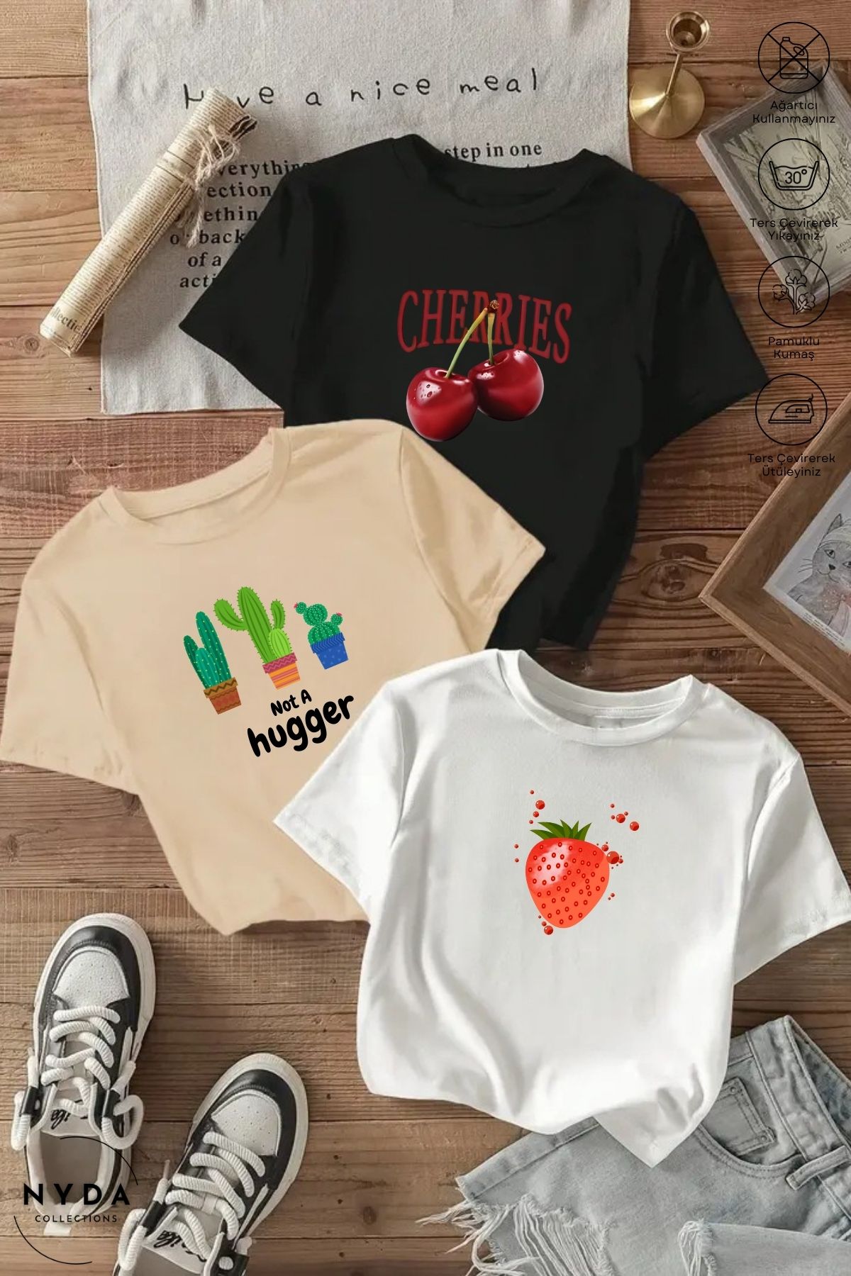 Nyda Collections Kadın Bisiklet Yaka Çilek Kiraz Kaktüs Baskılı Pamuk Oversize 3lü Renkli Kısa Kollu Tişört Takım