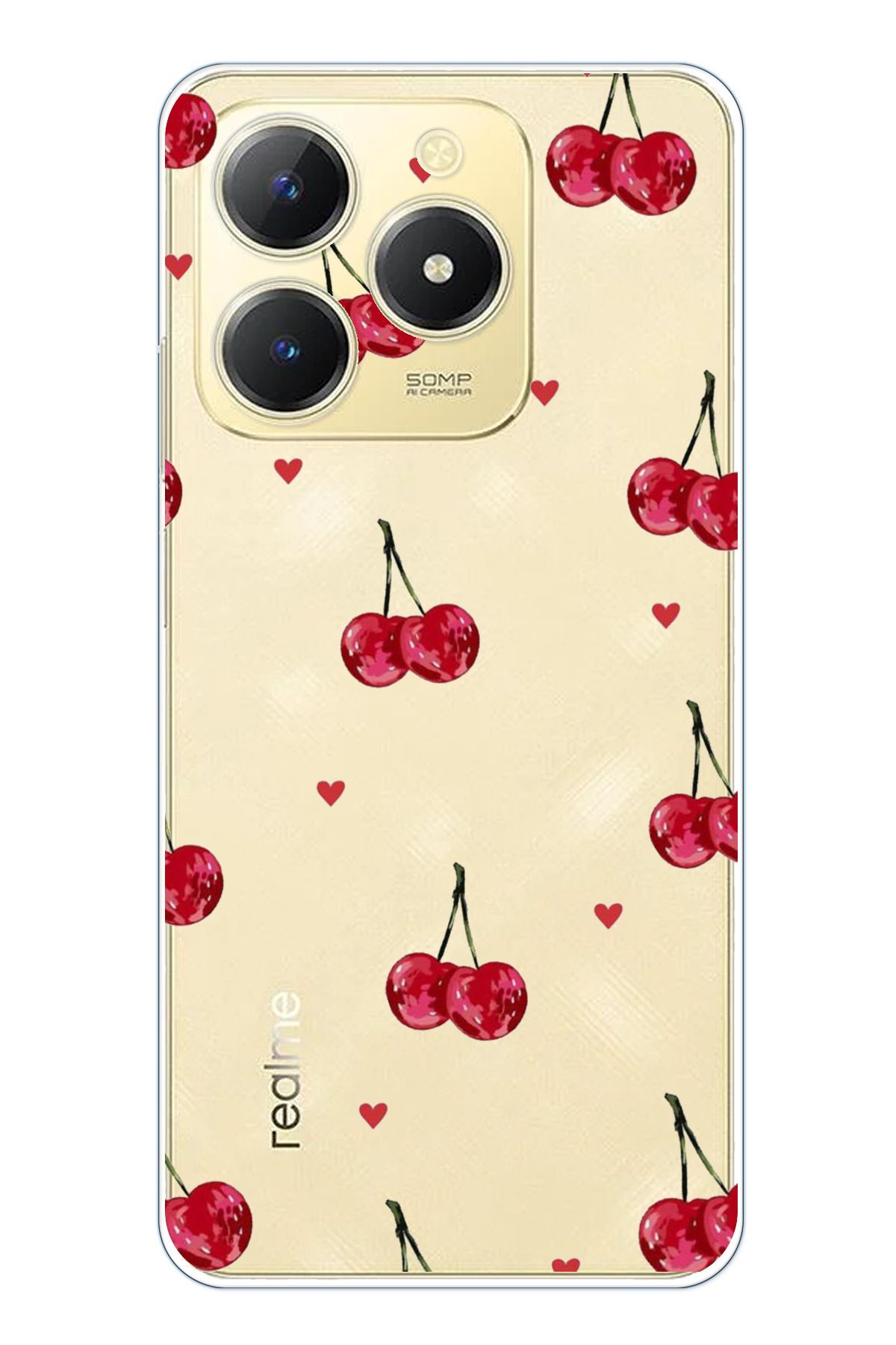 TechTree Realme C61 Uyumlu Kirazlar ve Kalpler Tasarımlı Şeffaf Silikon Kılıf