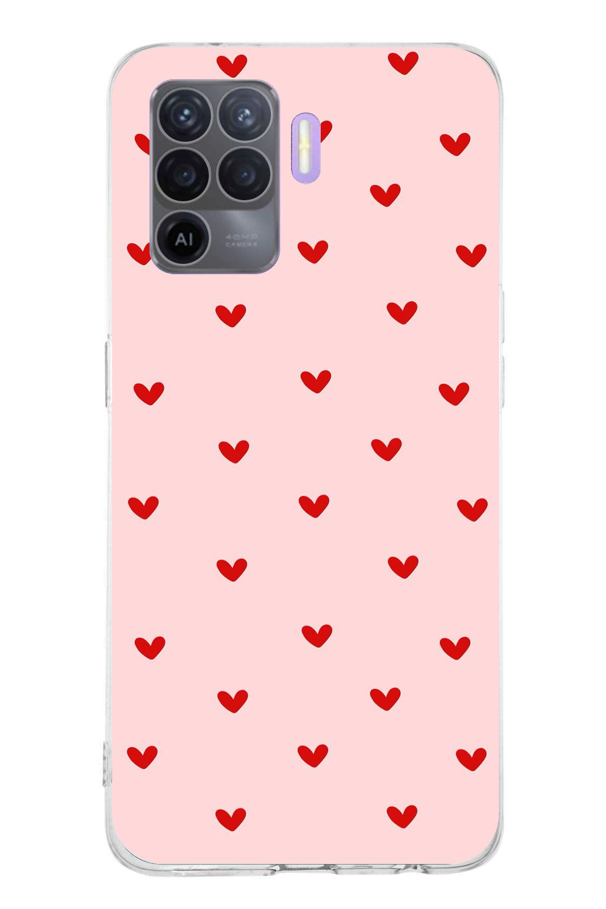 TechTree Oppo Reno 5 Lite Uyumlu Kırmızı Minik Kalpler Şeffaf Silikon Kılıf