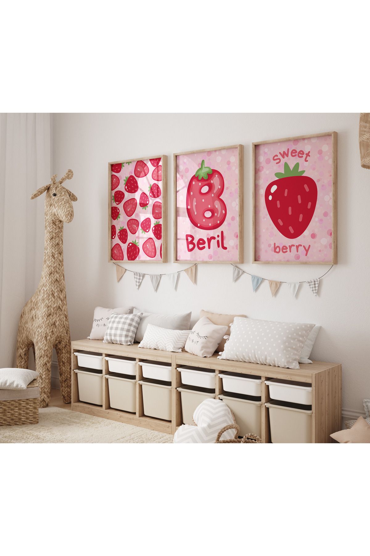 Rabadon Çerçevesiz Çilek Temalı Kız Çocuk Odası | İsme Özel 3'lü Poster Baby Shower