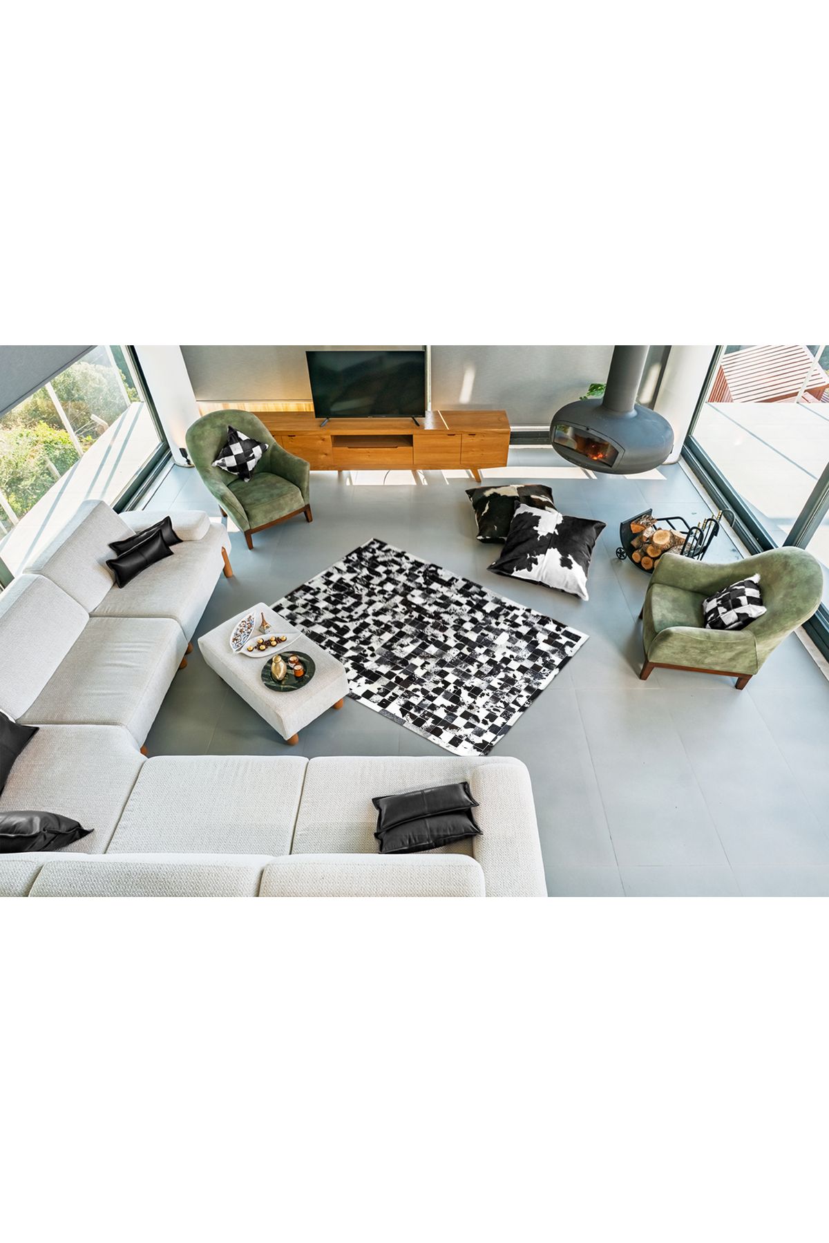Barrio Rico %100 Doğal Dana Derisi Kaymaz Taban Premium Patchwork Halı - Siyah Beyaz