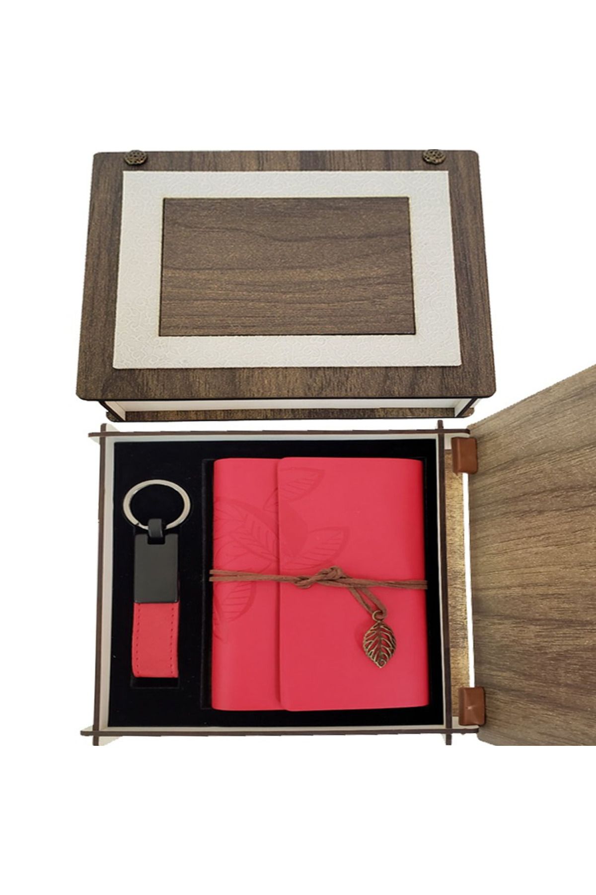 STARSTUFFS by BYA Özel Ahşap Kutulu Kırmızı Deri Defter ve Anahtarlık Seti