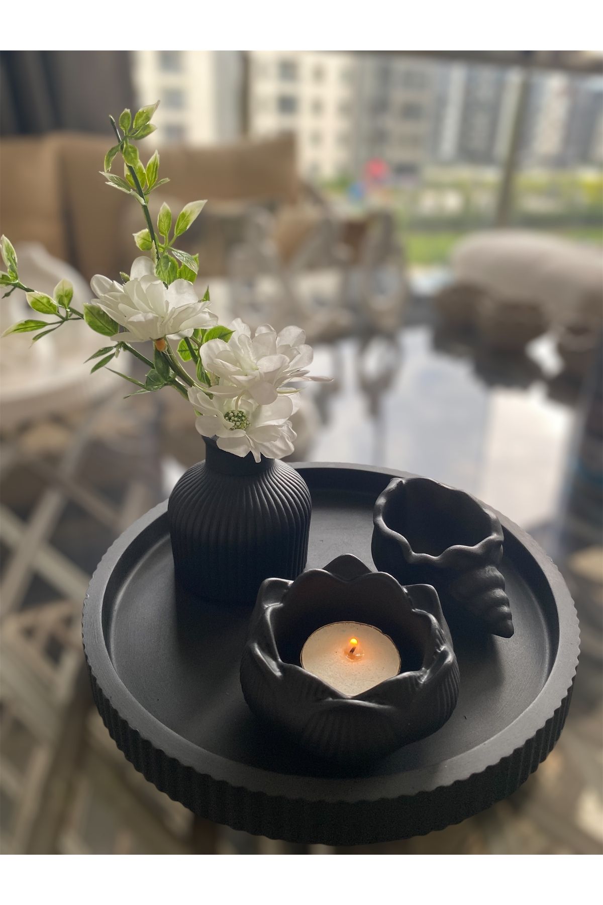 Biepoksi Ev Dekorasyon Set Taş Beton Aksesuar Salon Siyah 4lü