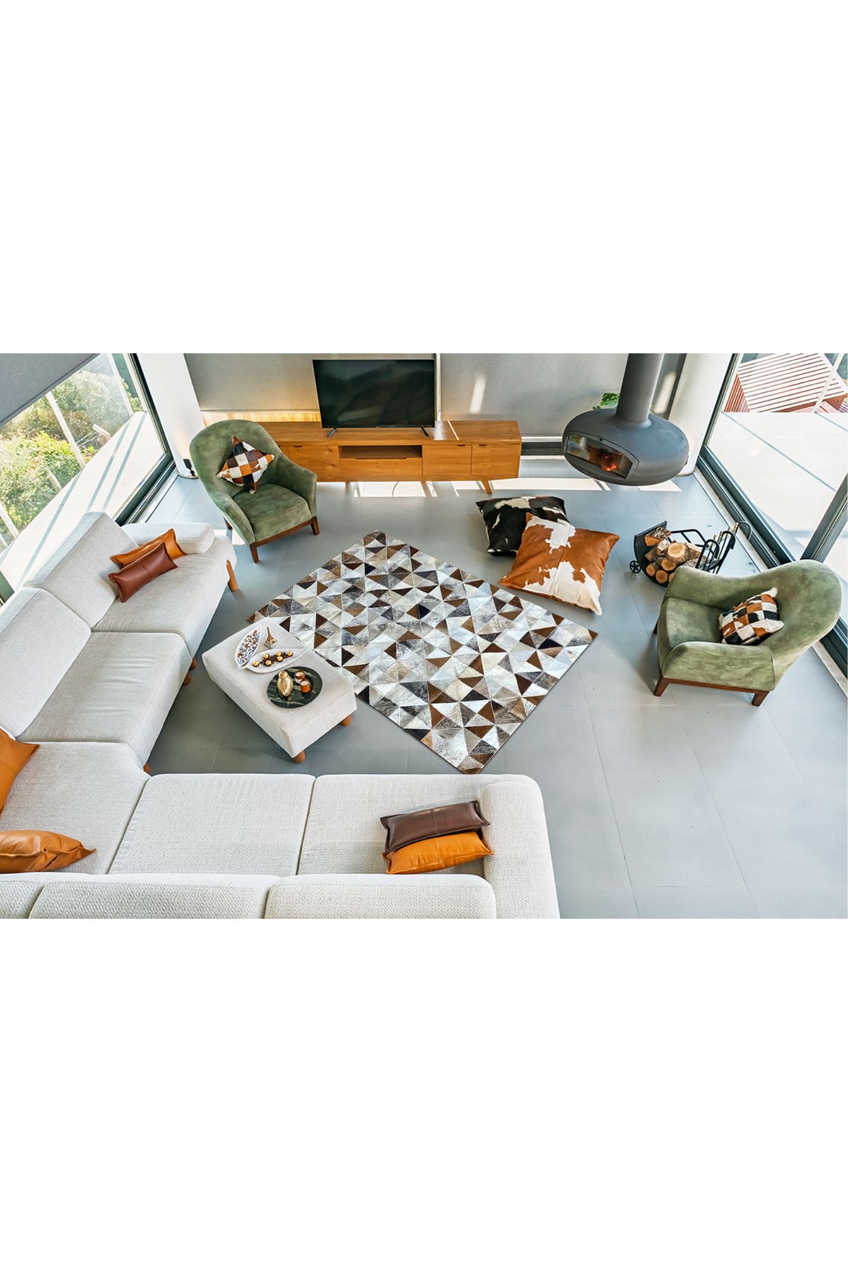 Barrio Rico %100 Doğal Dana Derisi Kaymaz Taban Premium Patchwork Halı - Kahverengi Beyaz Siyah