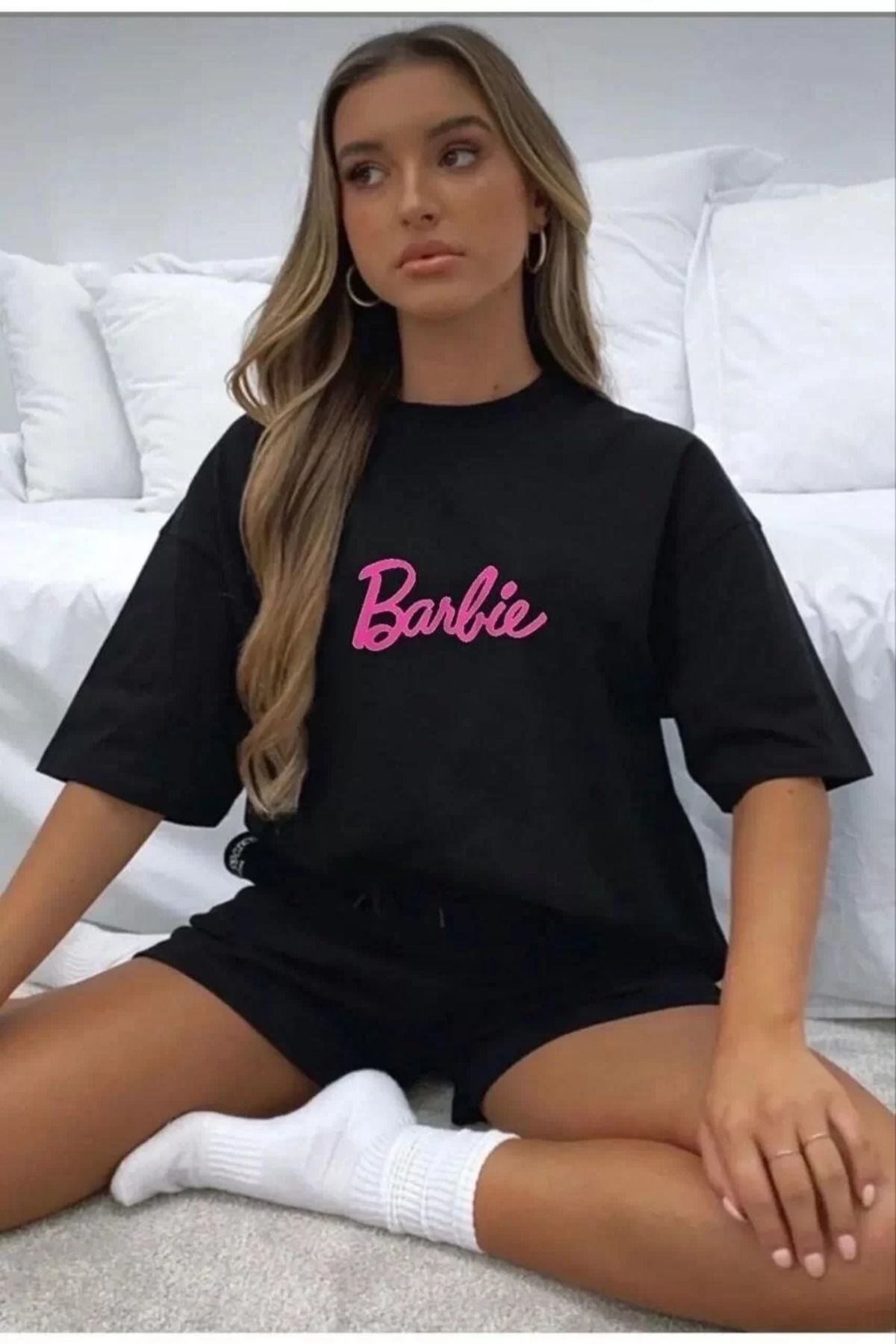 FantaziAtölyesi Kadın Baskılı Oversize T-shirt - Siyah