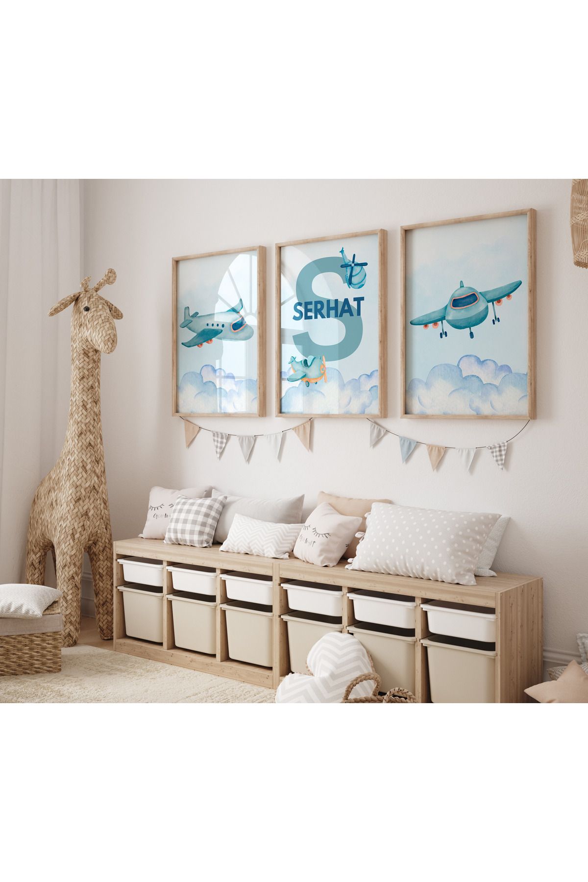 Rabadon Çerçeveli Uçak Temalı Erkek Çocuk Odası Ahşap Tablo 3lü Set İsme Özel Düzenlenebilir