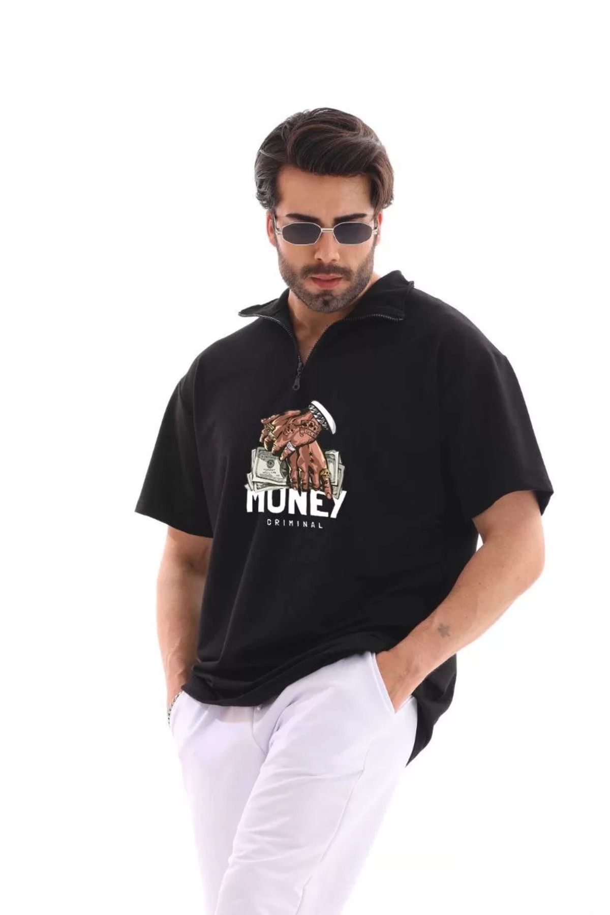 FantaziAtölyesi Unisex Yarım Fermuarlı Oversize Baskılı T-Shirt - Siyah