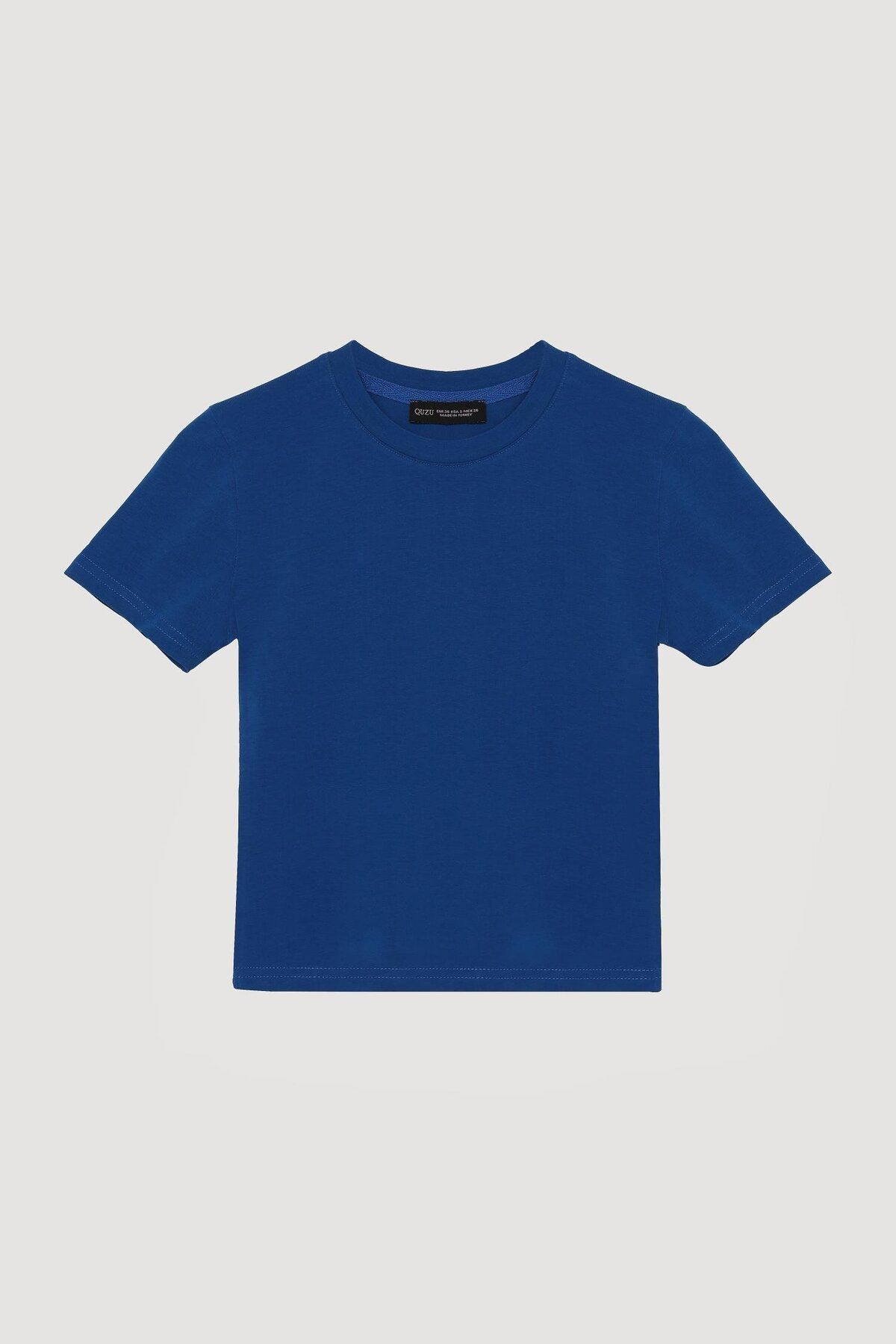 Quzu Bisiklet Yaka Basic T-shirt Sax