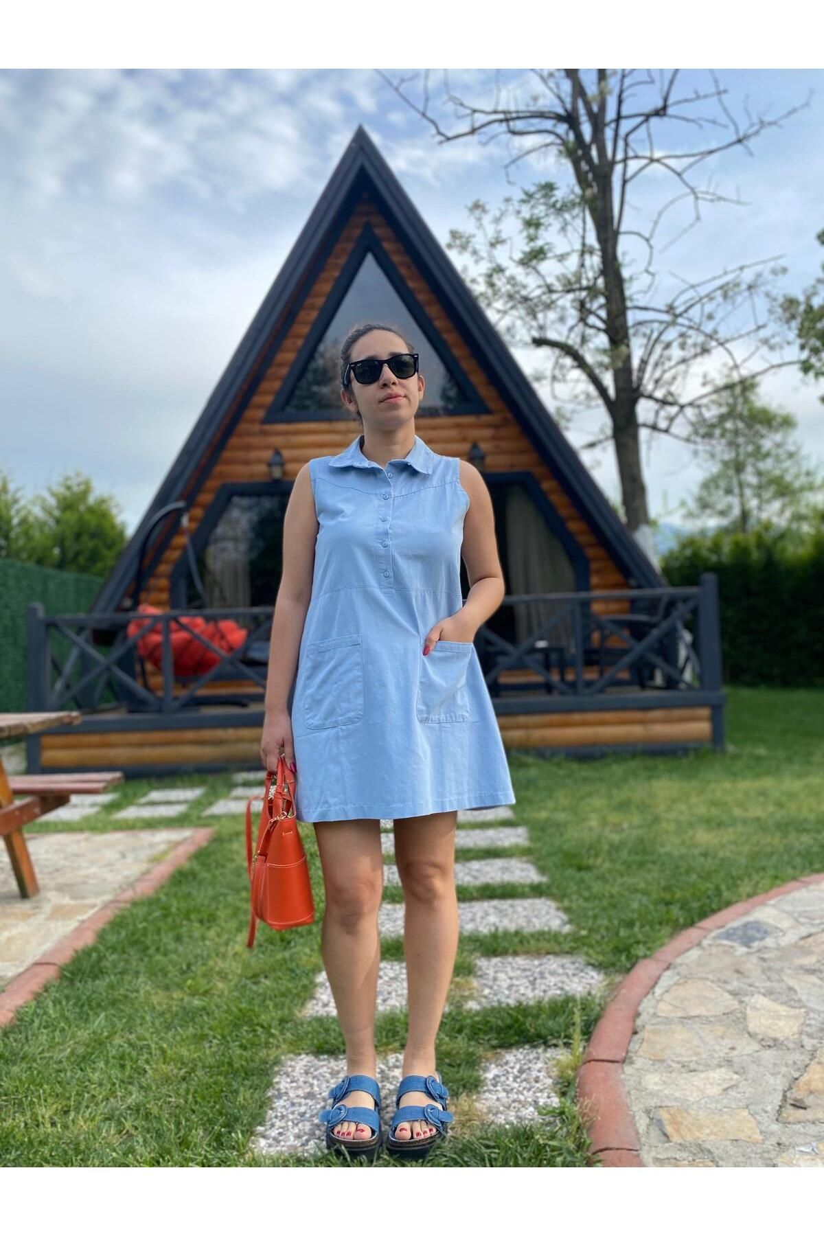 Gizybutik Önü Cepli Mavi Gömlek Elbise
