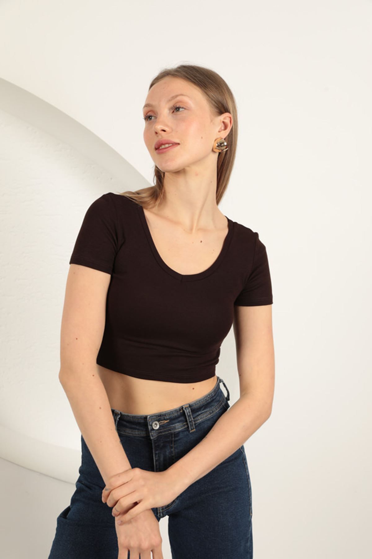 DLL Kadın V yaka Basic T-Shirt Siyah