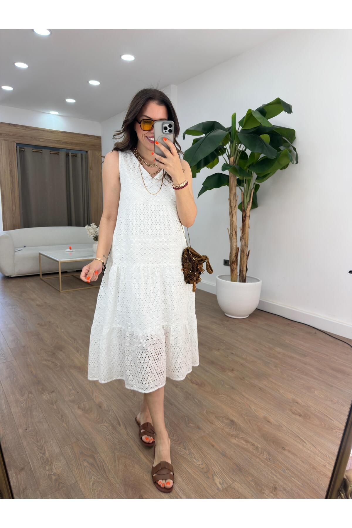2she Katlı Fisto Midi Elbise - Beyaz