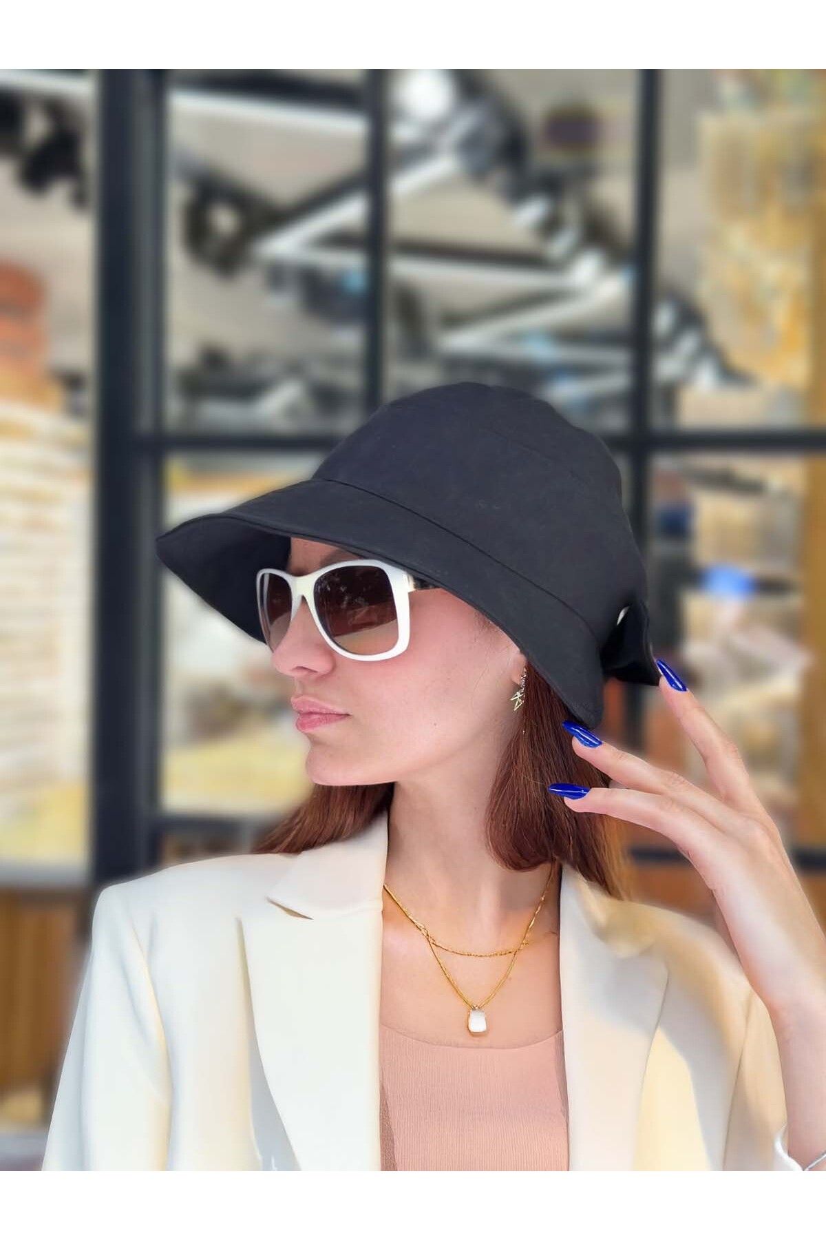 MYZİ STORE Fiyonk Detaylı Bucket Kadın Vizör Şapka (BEDEN AYARLI)