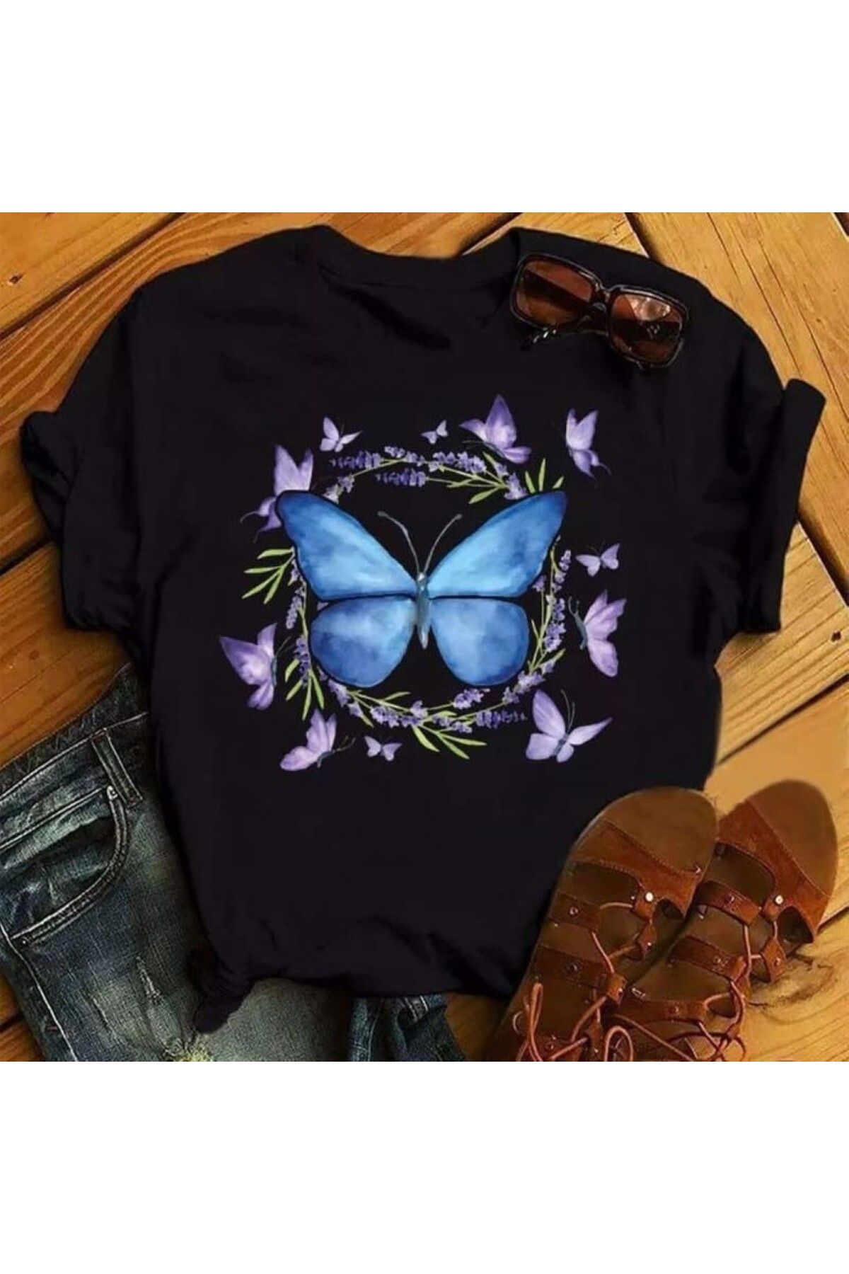aynewmoda Kısa Kollu Tişört Baskılı Coğrafya Yaz Kelebek Tişörtleri