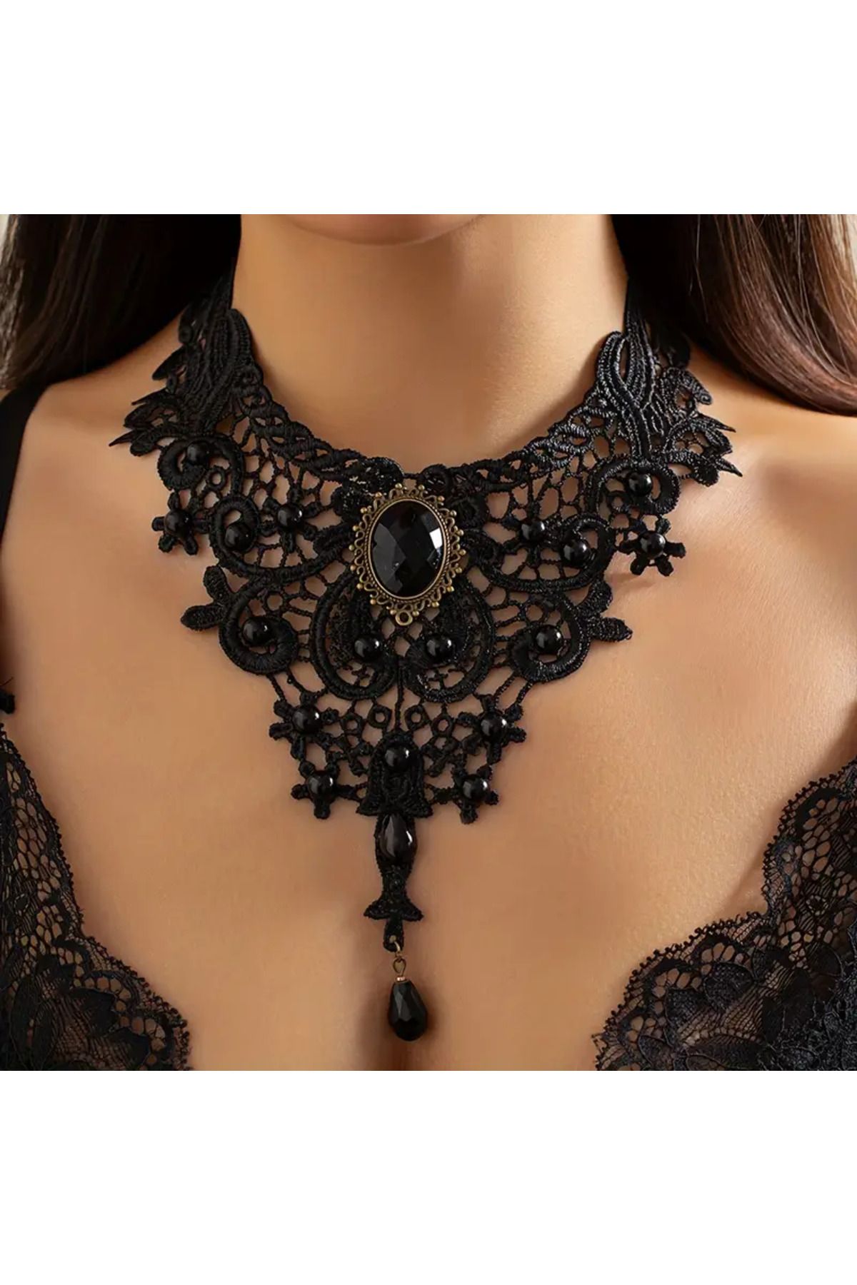 MİLALAZO Gotik Choker Kolye - Siyah Geometrik Dantel ve Çiçek Desenli