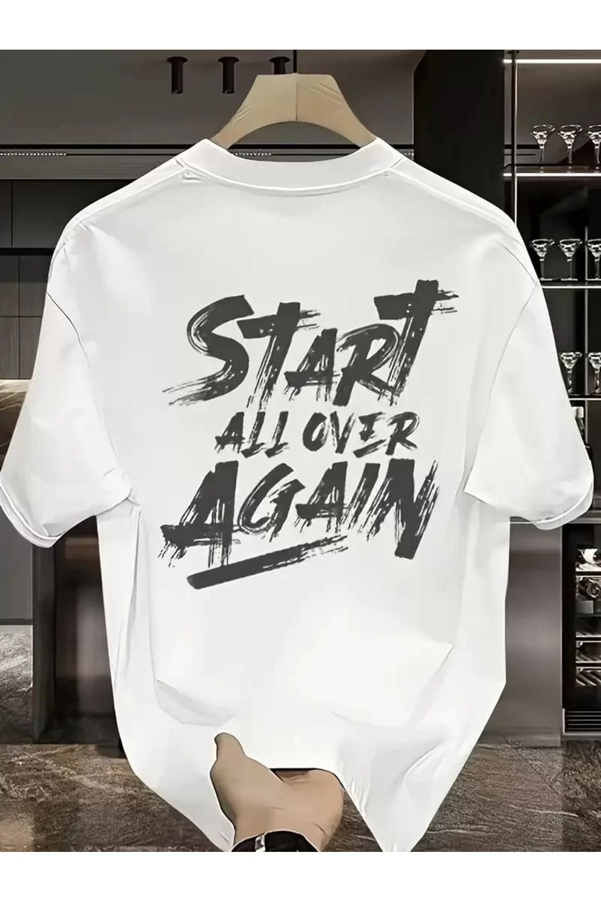 FantaziAtölyesi Start All Over Baskılı Oversize Bisiklet Yaka T-shirt - Beyaz