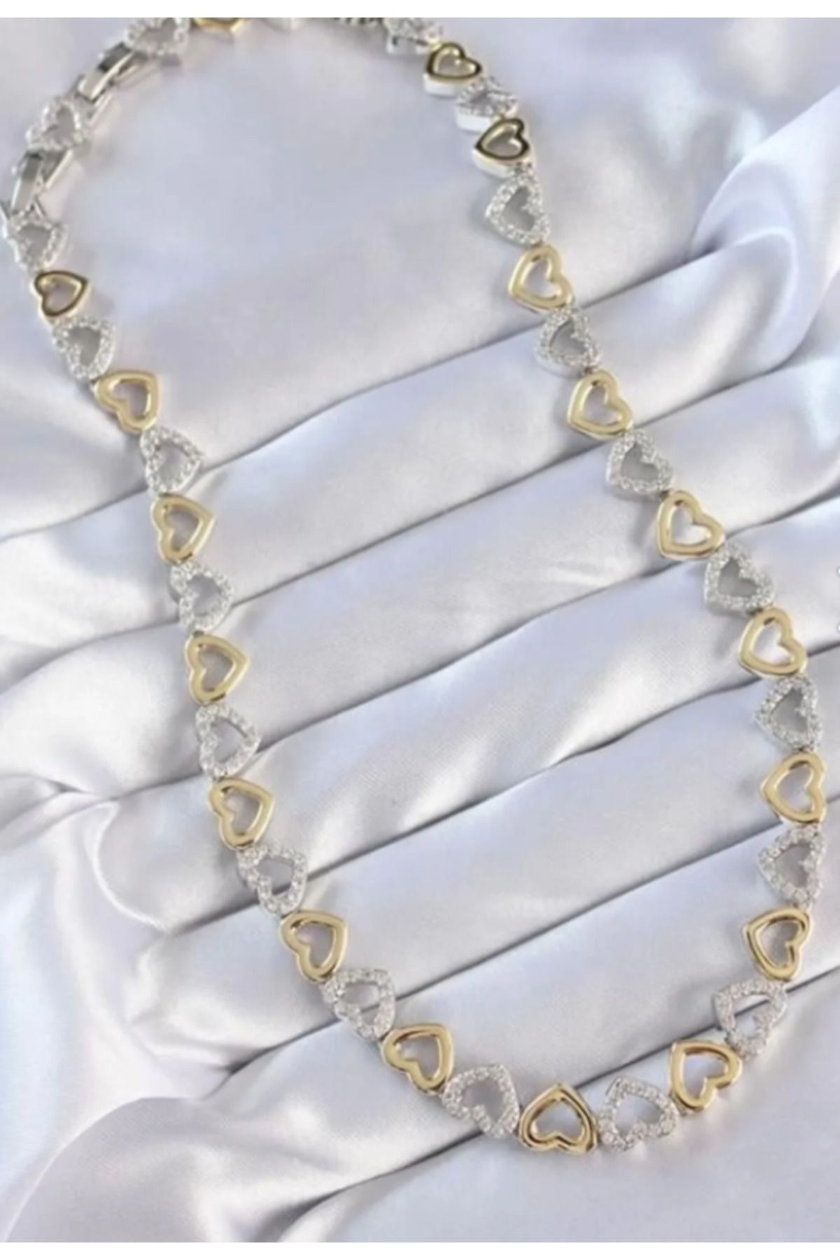 Ervalina Vip Çift Renk Zirkon Taşlı İçi Boş Kalp Tasarım Moda Kolye