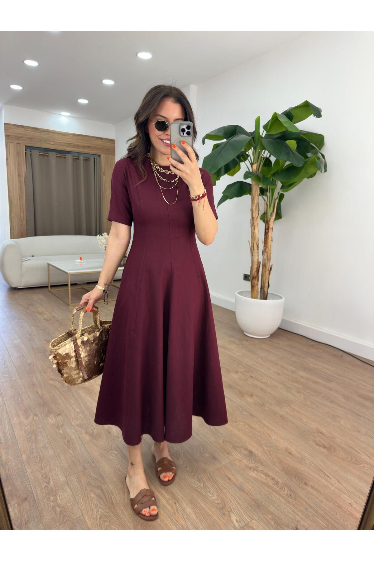 2she Godeli Kloş Keten Elbise - Bordo