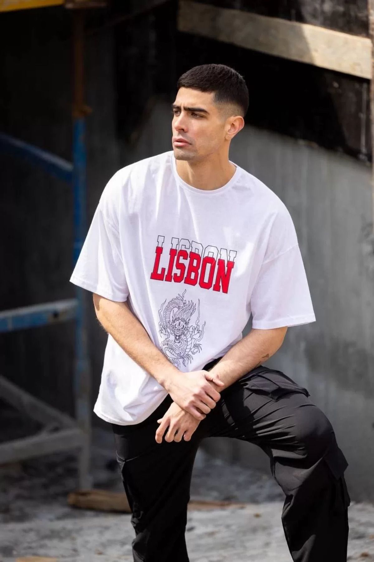 FantaziAtölyesi Unisex Bisiklet Yaka Baskılı Oversize T-Shirt - Beyaz
