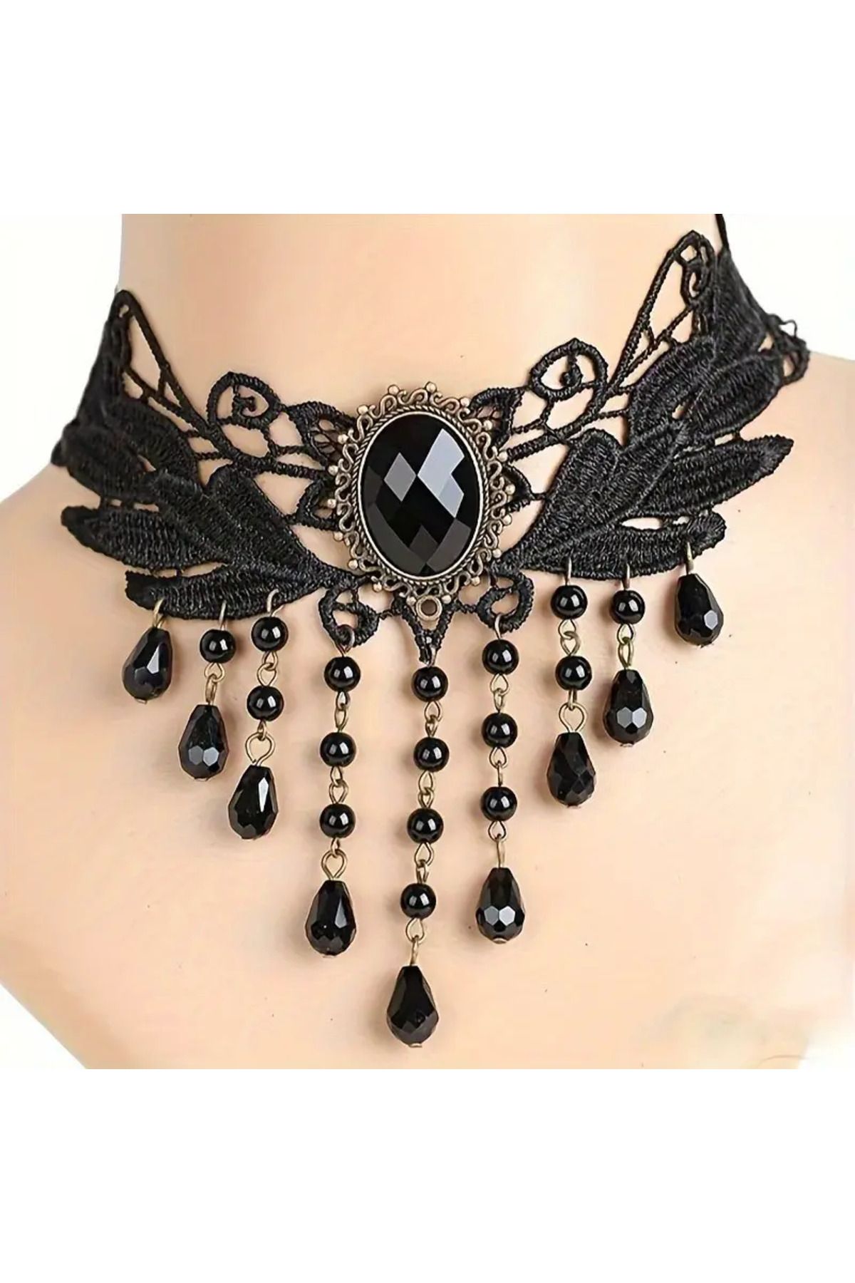 MİLALAZO Gotik Choker Kolye - Siyah Geometrik Dantel ve Çiçek Desenli