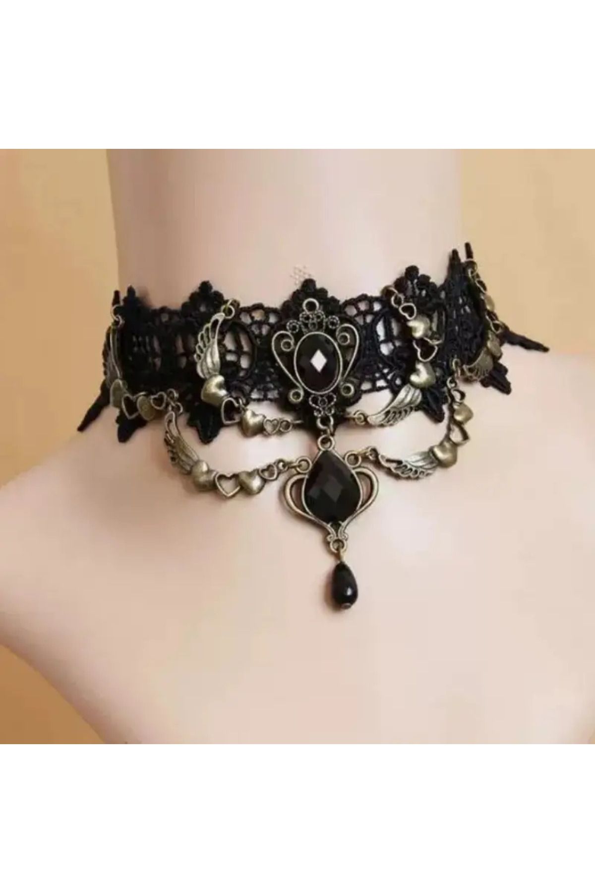 MİLALAZO Gotik Choker Kolye - Siyah Geometrik Dantel ve Çiçek Desenli