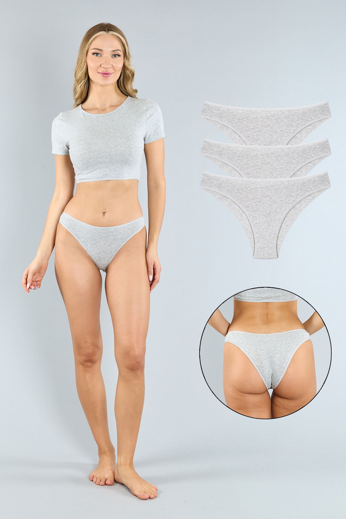 ATUTİS Pamuklu Gri Melanj Brazilian Külot 3'lü Paket