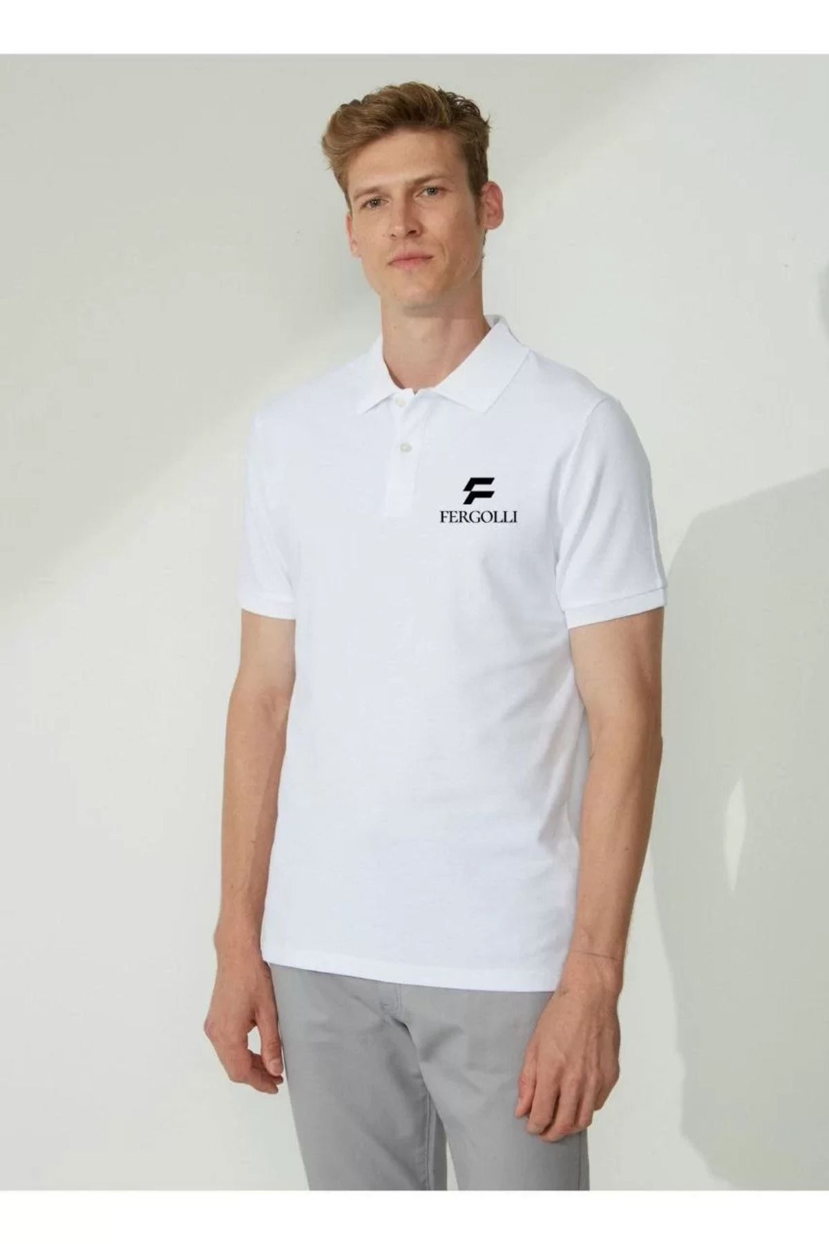 FantaziAtölyesi Yakası Düğmeli Yakalı Pike Baskılı T-Shirt - Beyaz