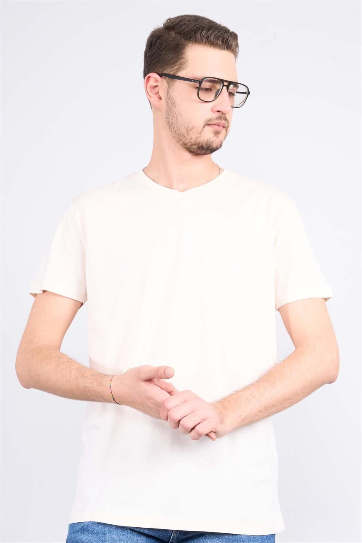 Mentality Çetinkaya Mentality 2772V -S V Yaka Basic T-Shirt Koyu Krem