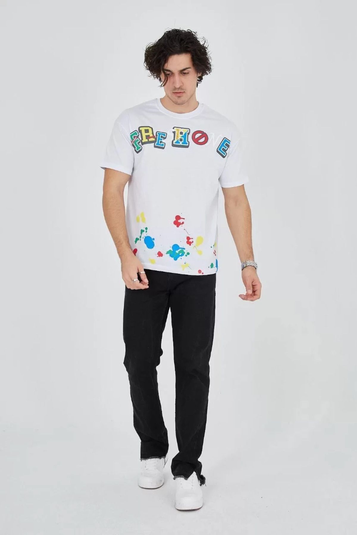 FantaziAtölyesi Erkek Baskılı Penye T-Shirt - Beyaz