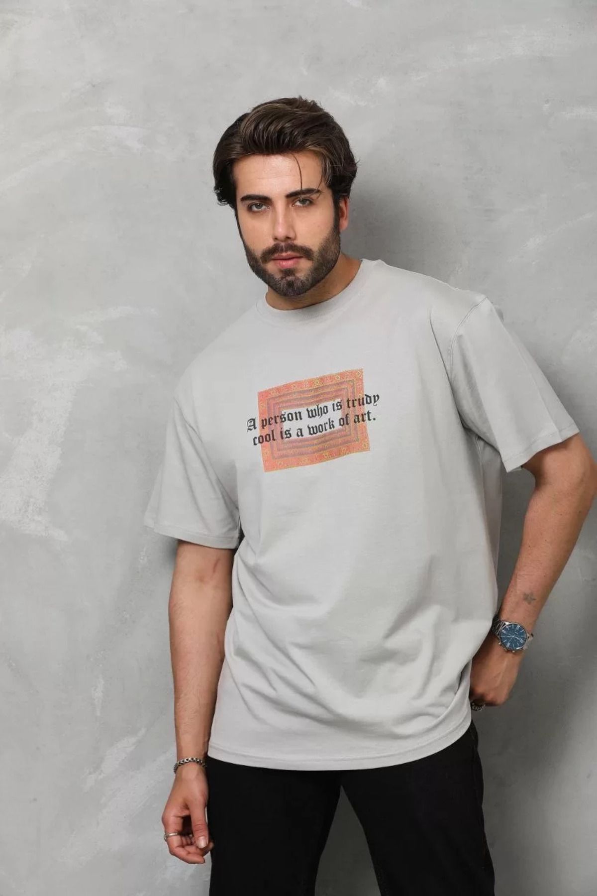 FantaziAtölyesi Unisex Bisiklet Yaka Baskılı Oversize T-Shirt - Gri