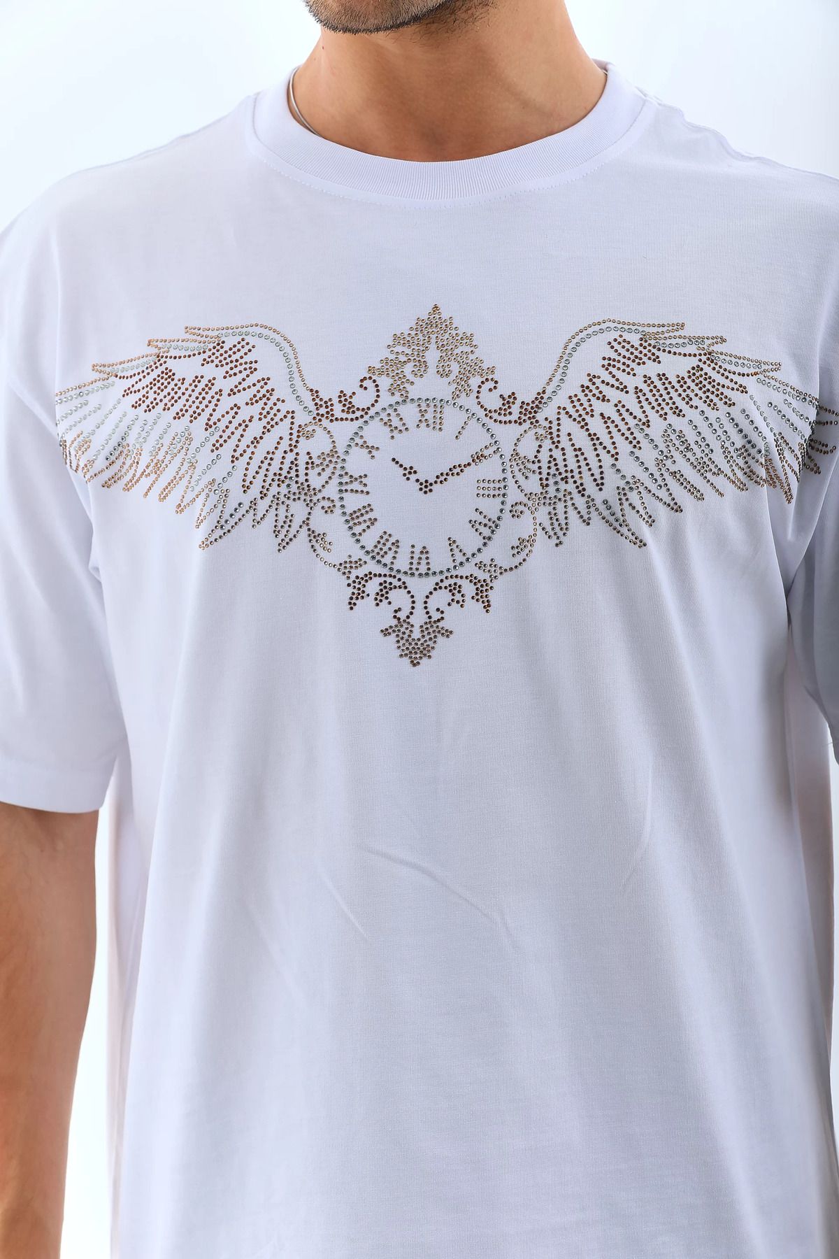 FantaziAtölyesi Unisex Oversize Taşlı Bisiklet Yaka T-Shirt - Beyaz