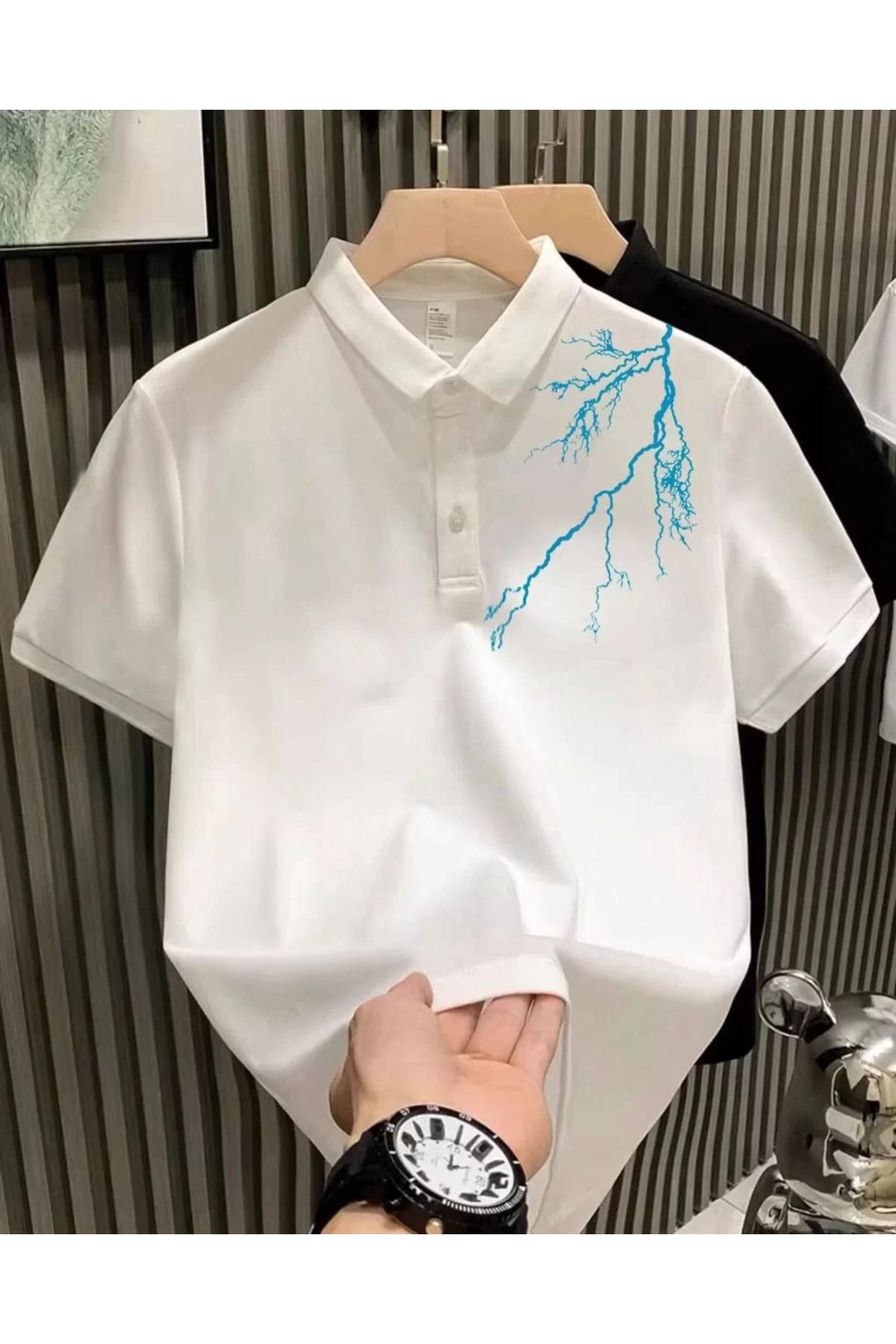 FantaziAtölyesi Unisex Yakası Düğmeli Oversize Baskılı T-Shirt - Beyaz