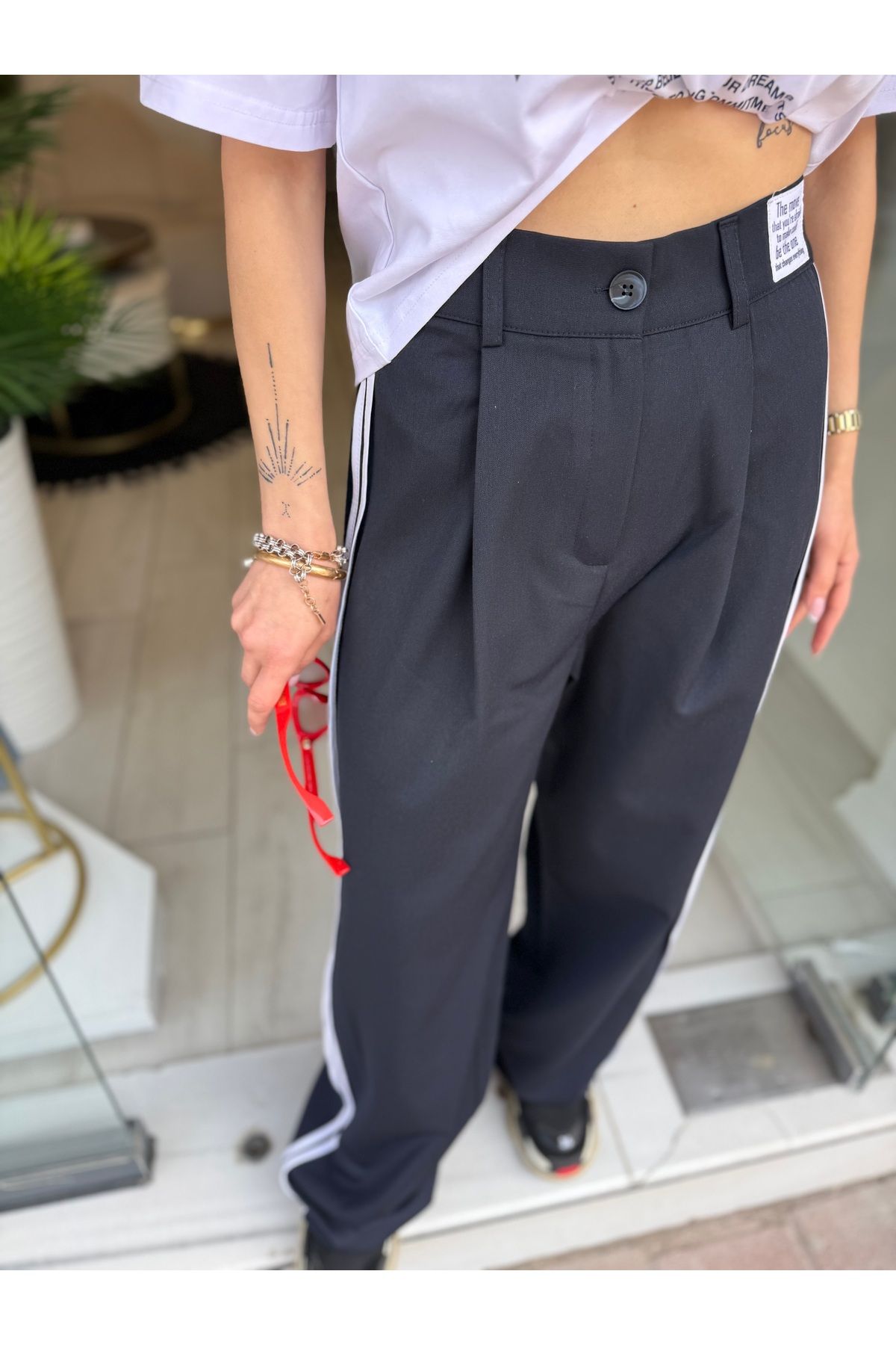 GÜLCİCİ ŞERIT DETAYLI LACIVERT PALAZZO