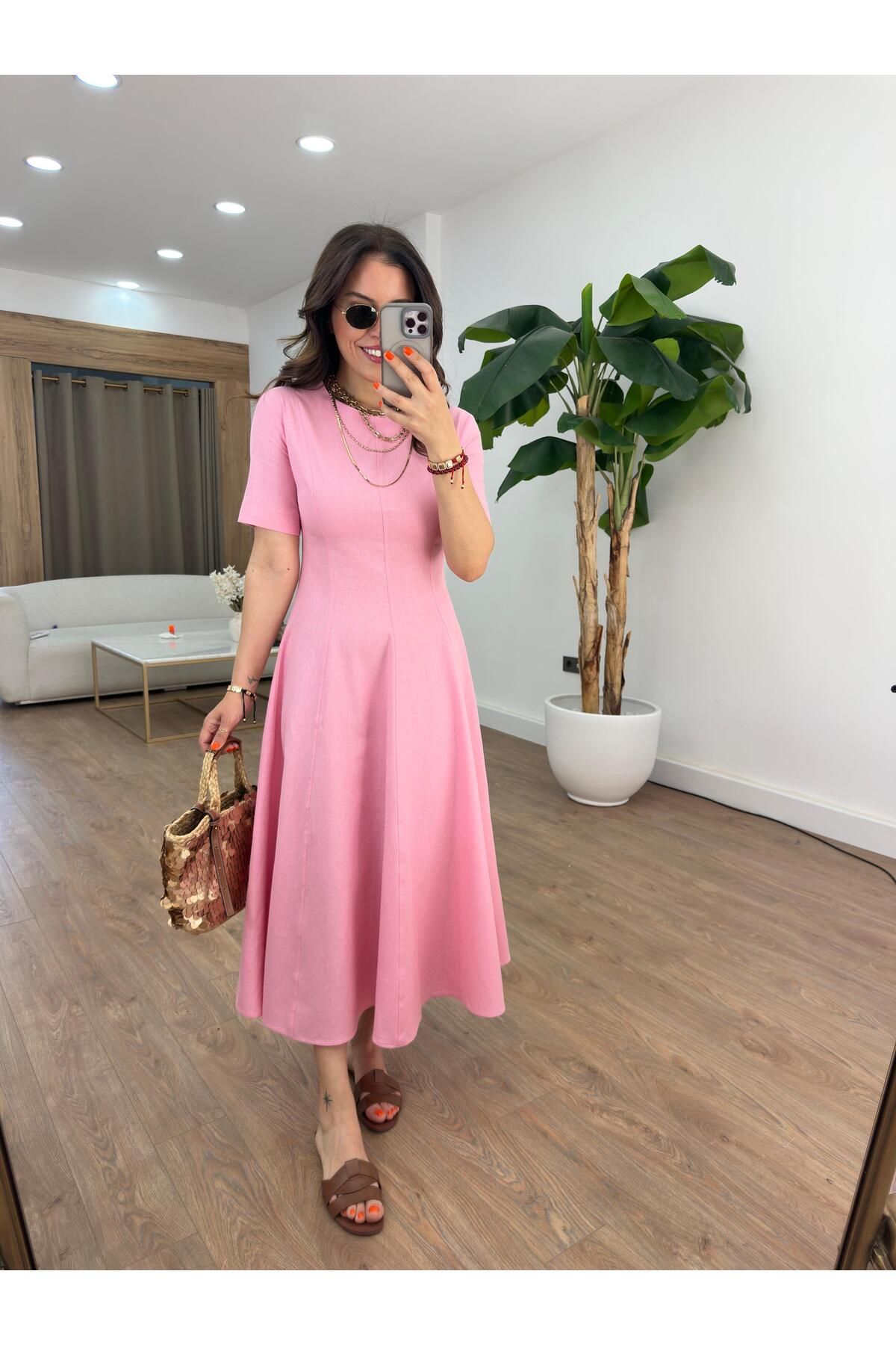 2she Godeli Kloş Keten Elbise - Pembe