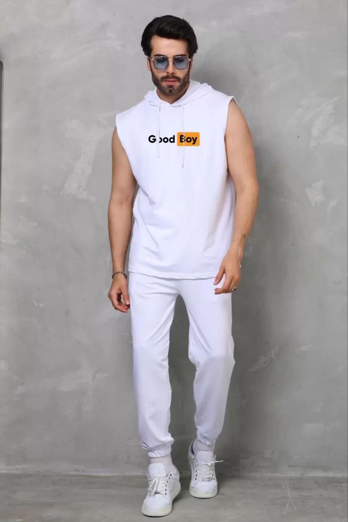 FantaziAtölyesi Unisex Kapşonlu Kolsuz Oversize Baskılı Tişört - Beyaz