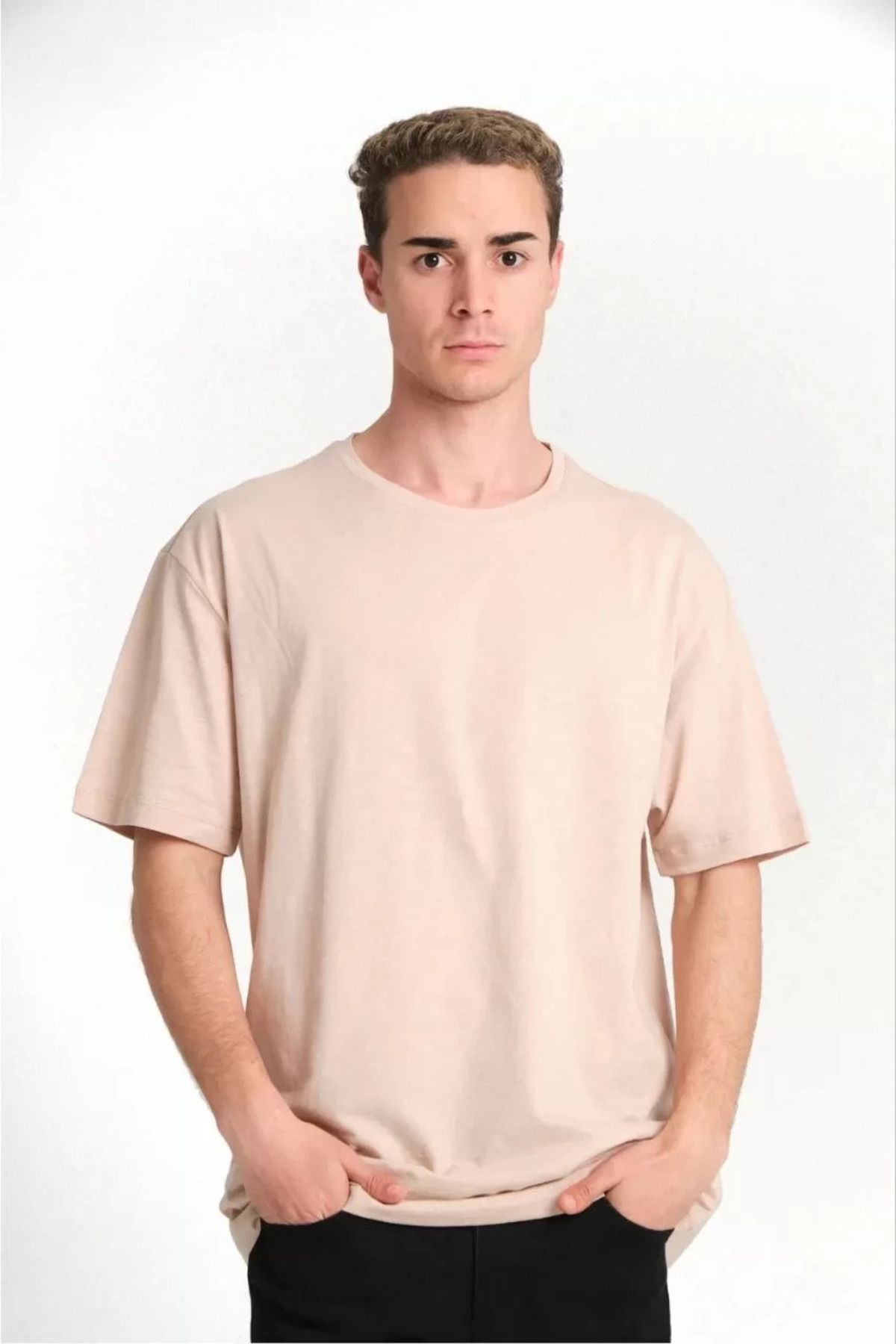 FantaziAtölyesi Unisex Düz Biskilet Yaka Oversize T-shirt - Bej