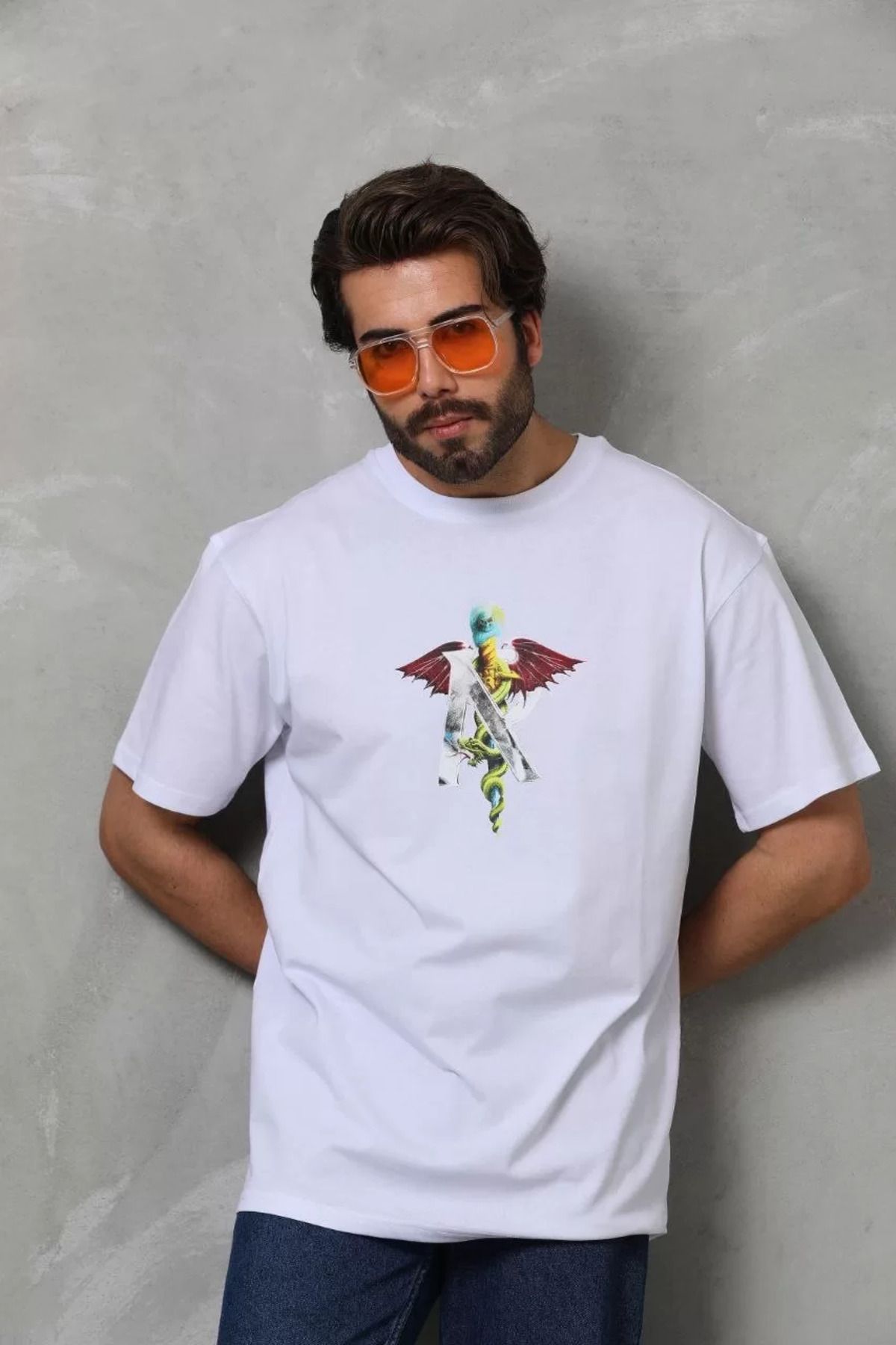 FantaziAtölyesi Unisex Bisiklet Yaka Baskılı Oversize T-Shirt - Beyaz