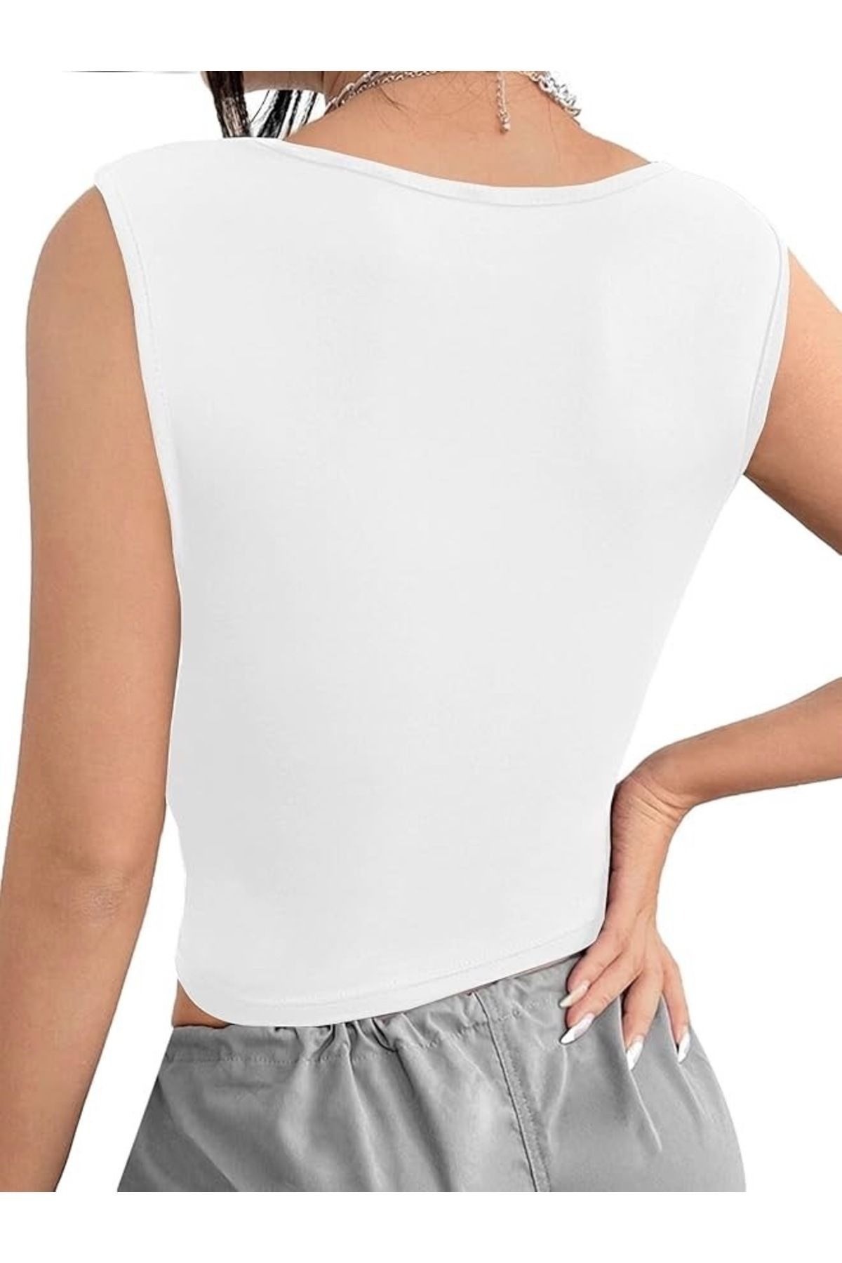 World Fashion Trends  Kare Yaka Büzgü Detaylı Esnek Ekru Crop Bluz - Görsel 3