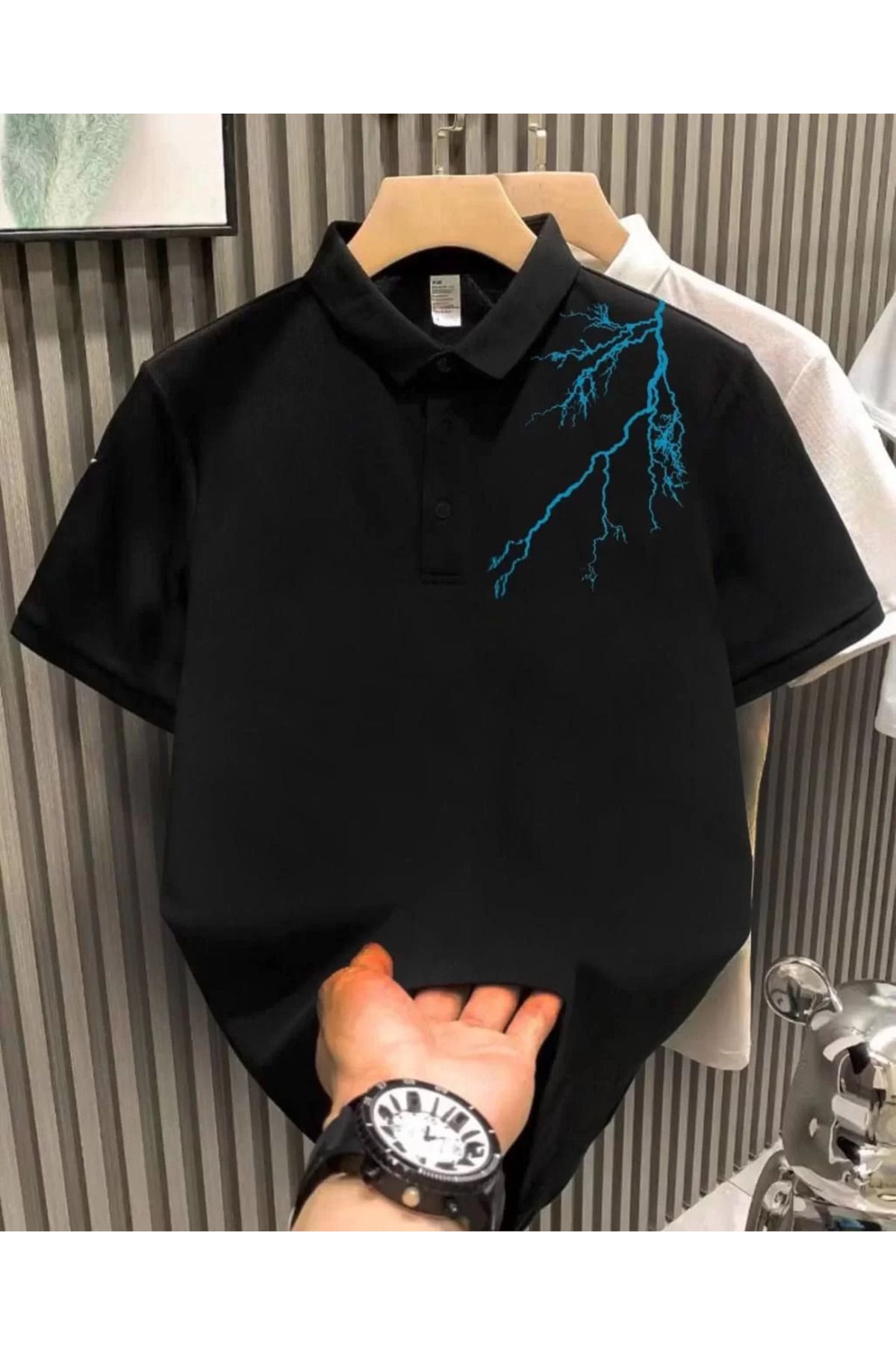 FantaziAtölyesi Unisex Yakası Düğmeli Oversize Baskılı T-Shirt - Siyah