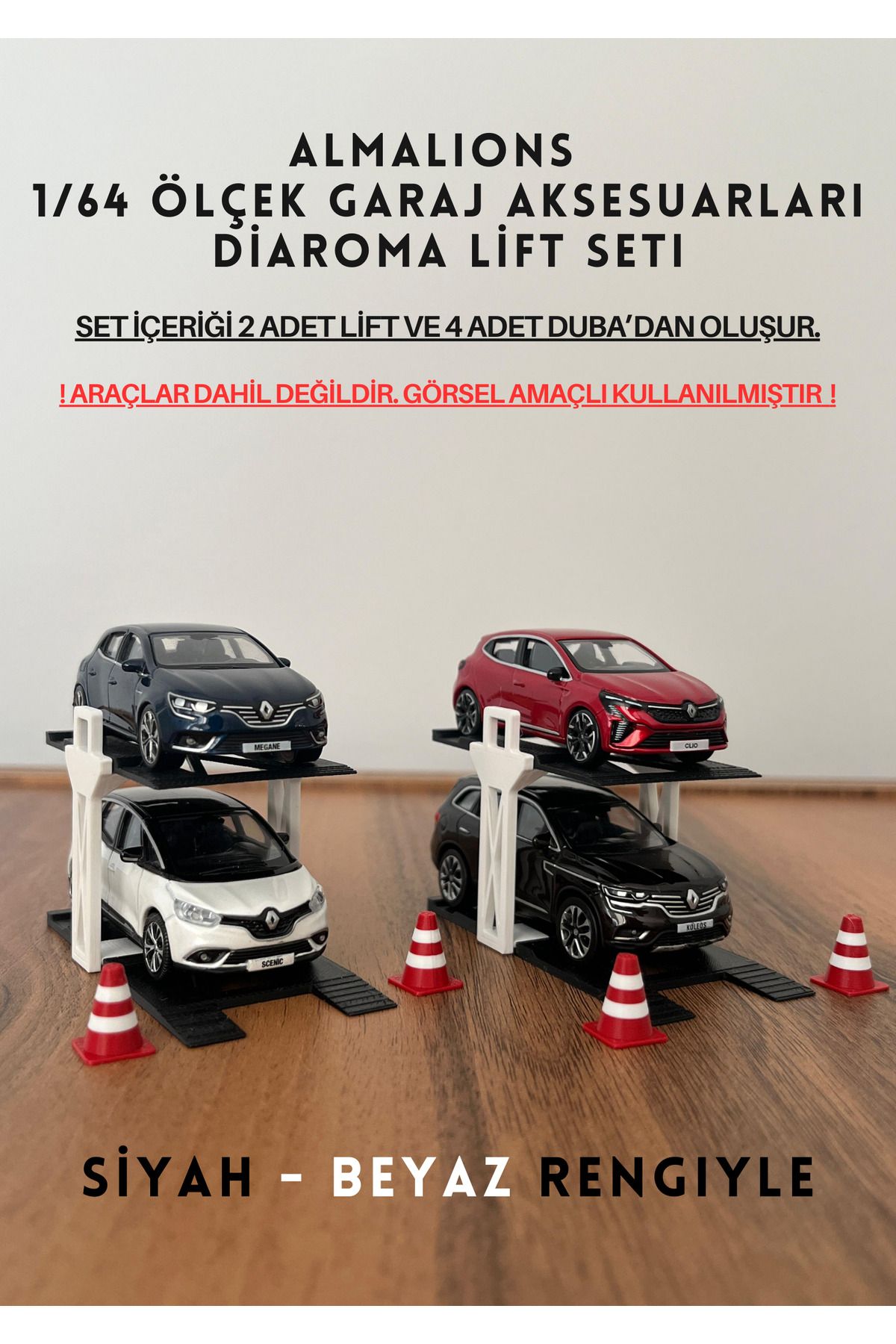 almalions 1/64 Ölçek Diaroma Araç Lifti 2 Adet + 4 Adet Duba Garaj Aksesuarları Siyah - Beyaz