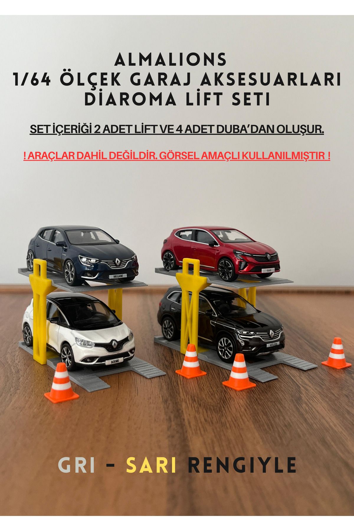 almalions 1/64 Ölçek Diaroma Araç Lifti 2 Adet + 4 Adet Duba Garaj Aksesuarları Gri - Sarı