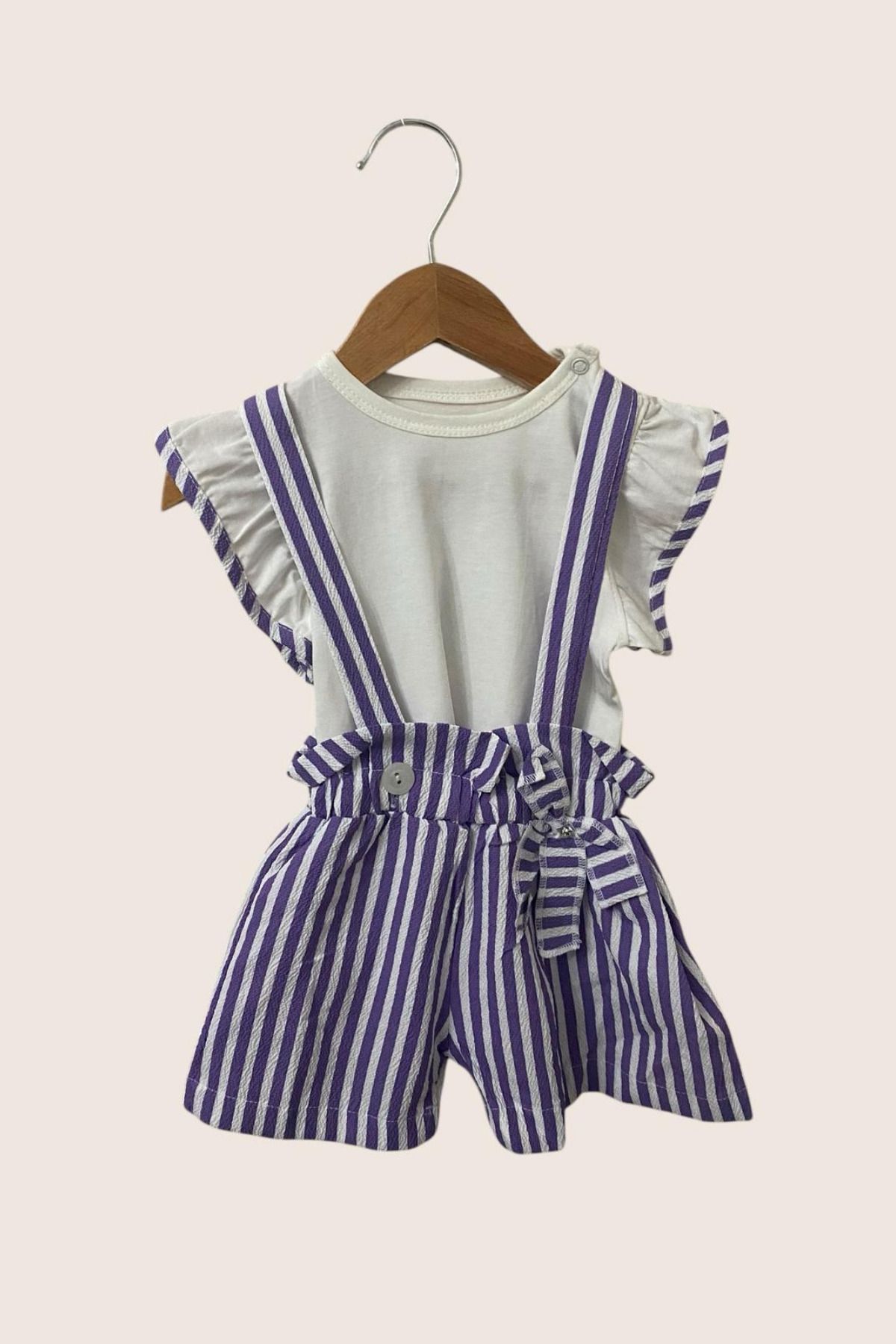 Balbadem baby kids Lila Çizgili Salopetli Kız Bebek Takım | Fiyonklu Şort + Tişört 2'li Yazlık Kombin (9-12-18-24 Ay)