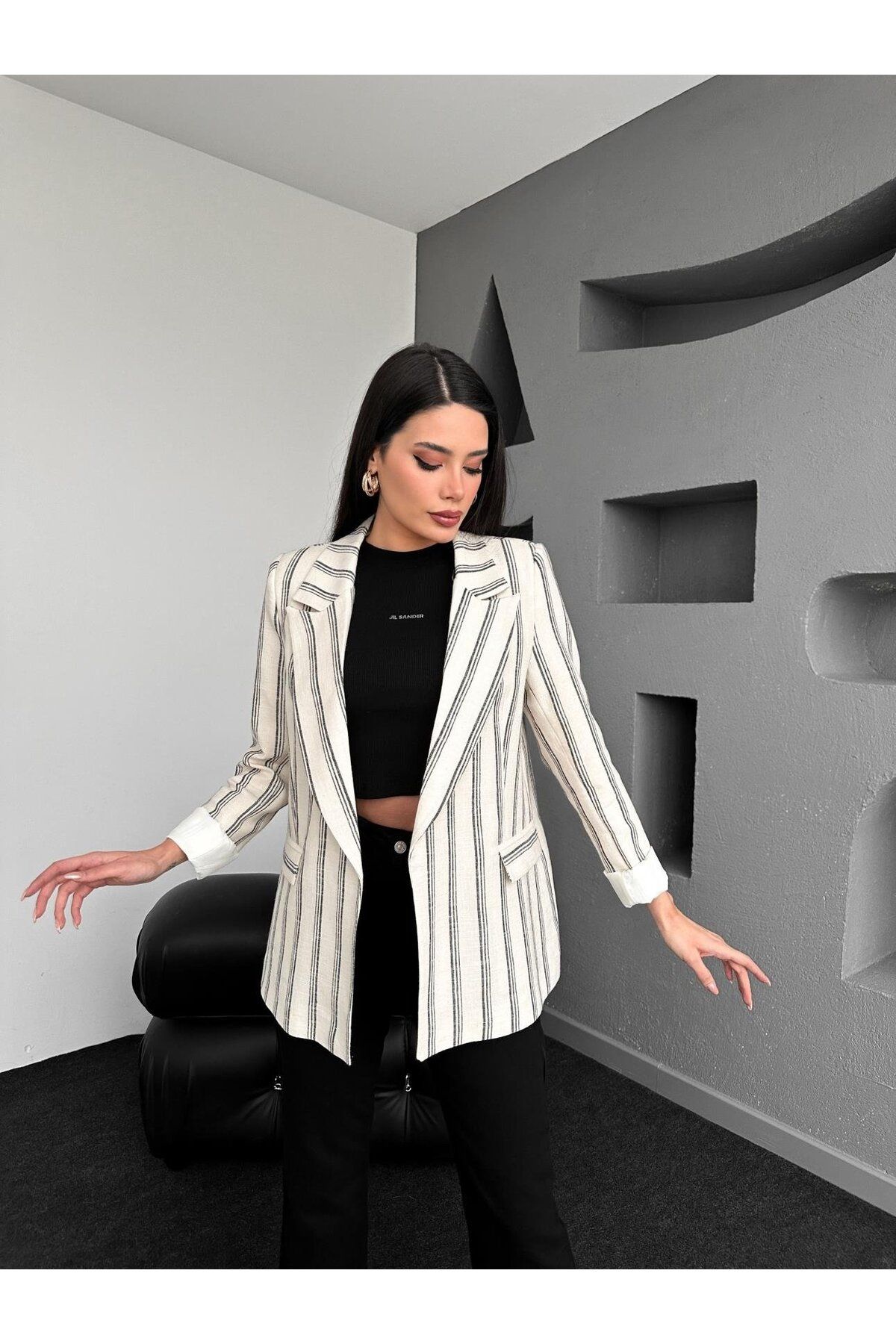 Lady Pixie Çizgili Keten Ceket