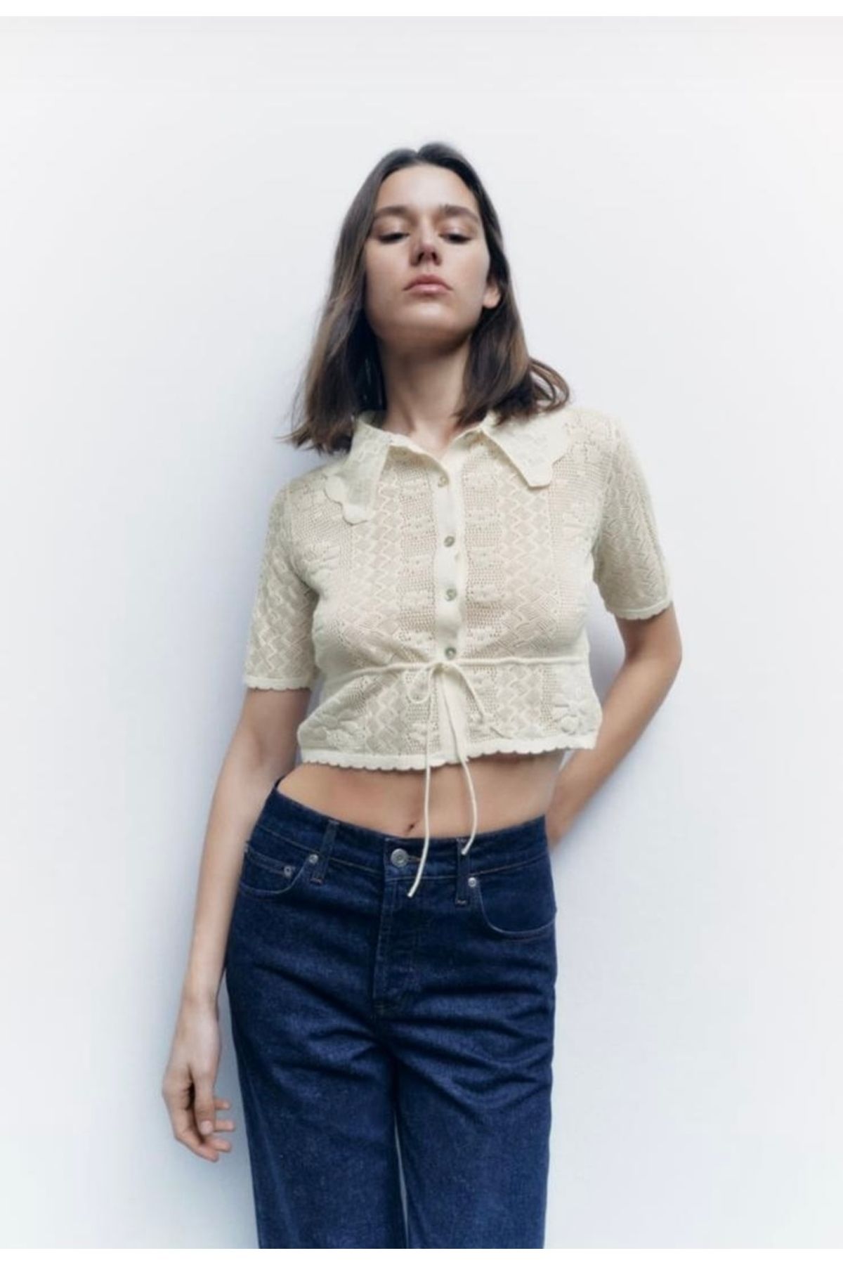MENA Hırka Ince Triko Esnek Doku Crop Top Bej