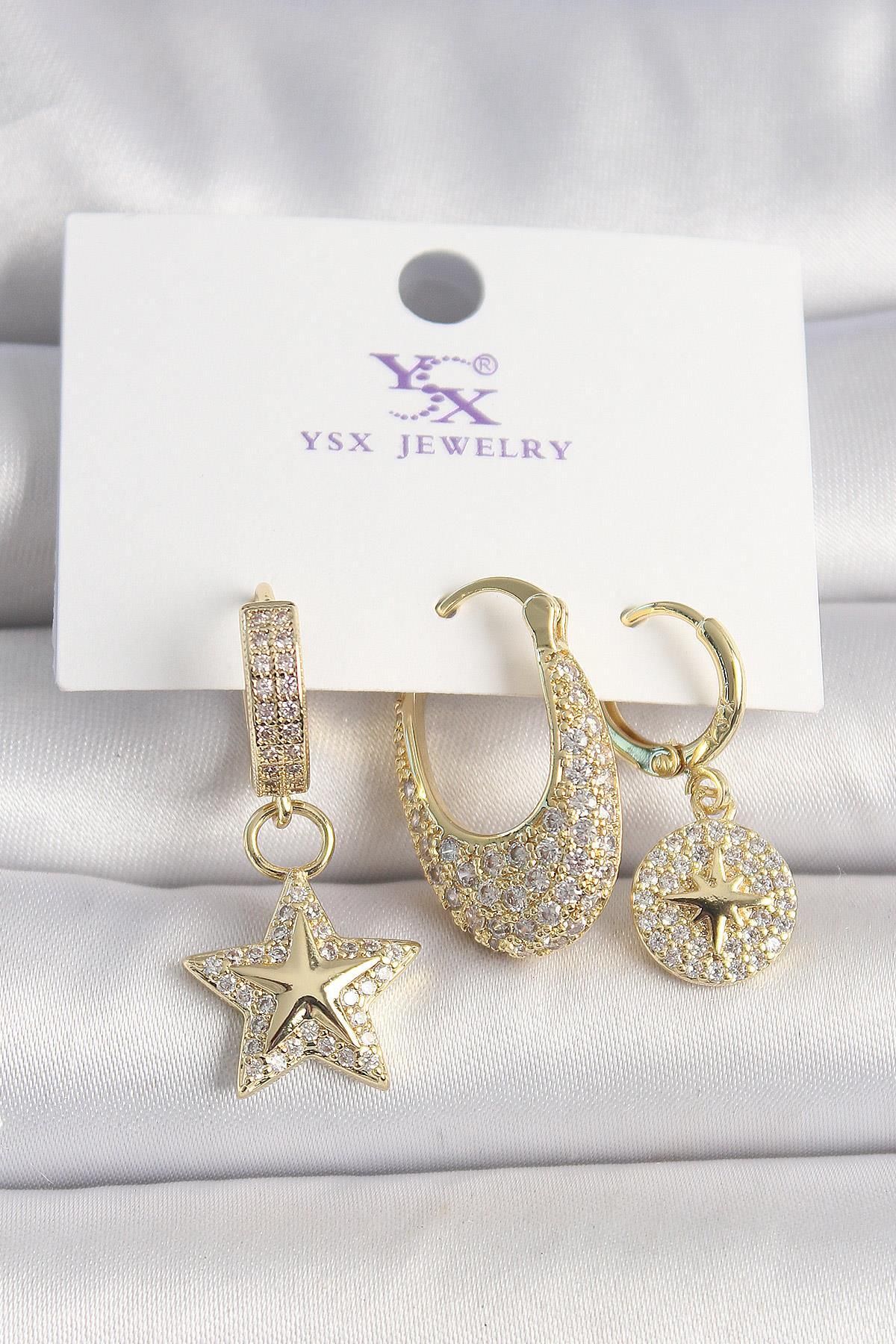 FASHIONLINE Pirinç Gold Renk Zirkon Taşlı Sallantı Yıldız Model Kutup Yıldız İşleme Detay 3'Lü Kadın Küpe